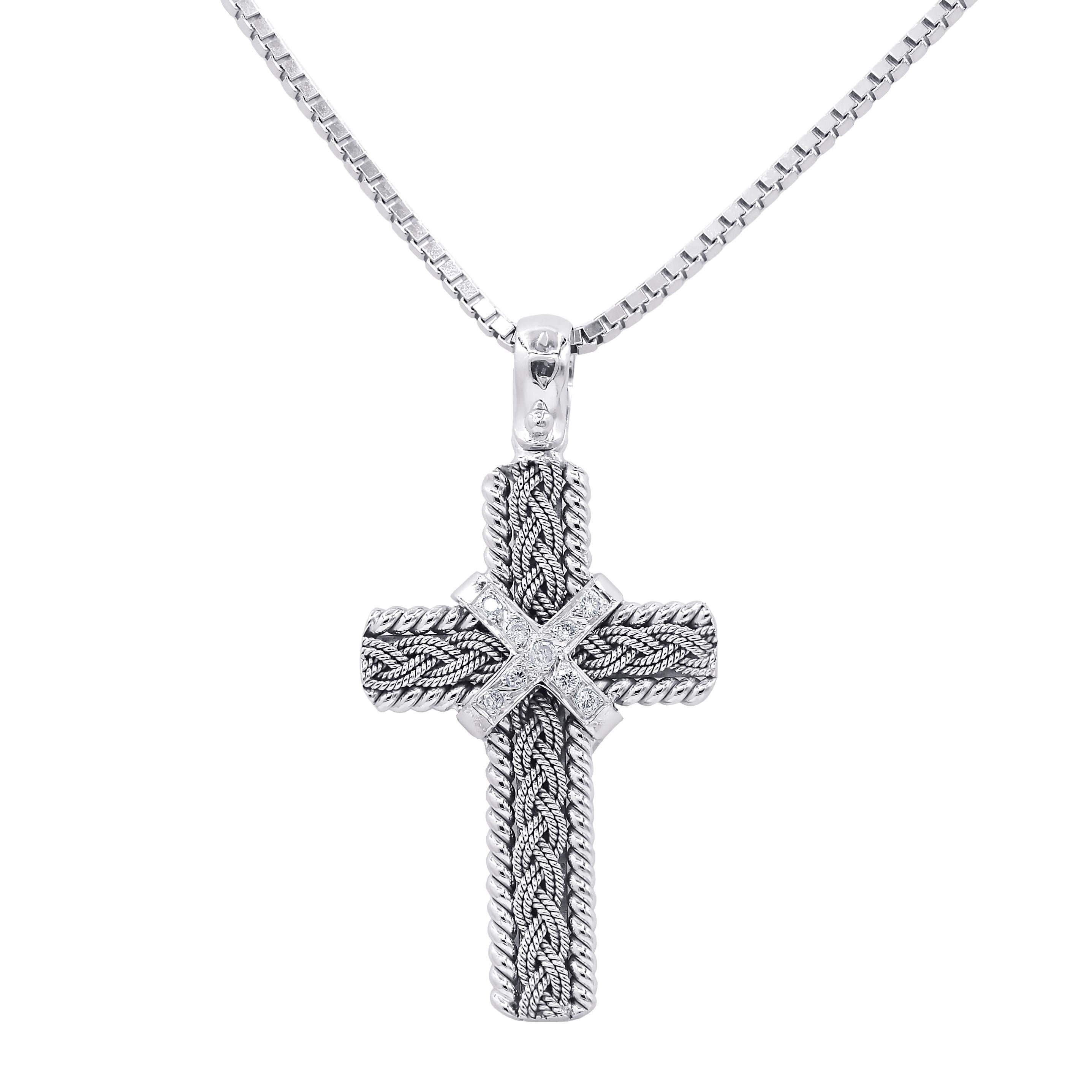 Round Cut Diana M. Custom Diamond Cross Pendant 18K White Gold For Sale