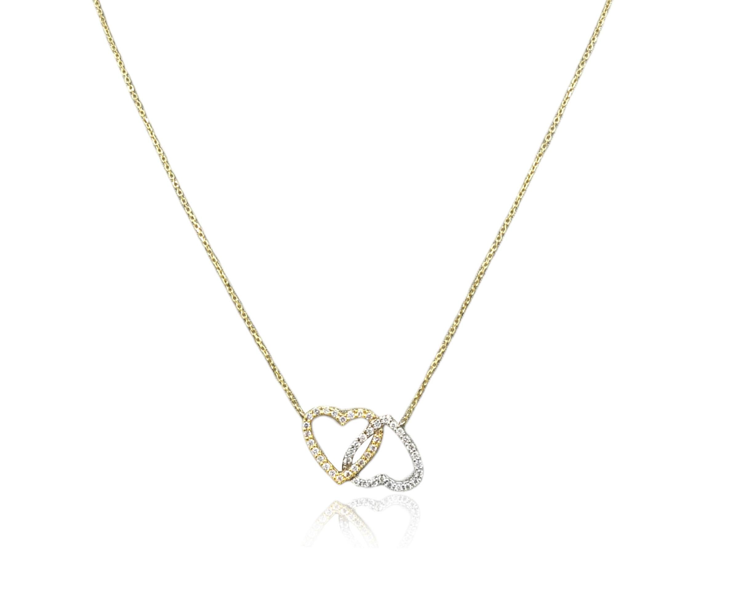 Round Cut Diana M. Custom Diamond Interlocking Heart Pendant 14K Two Tone Gold For Sale