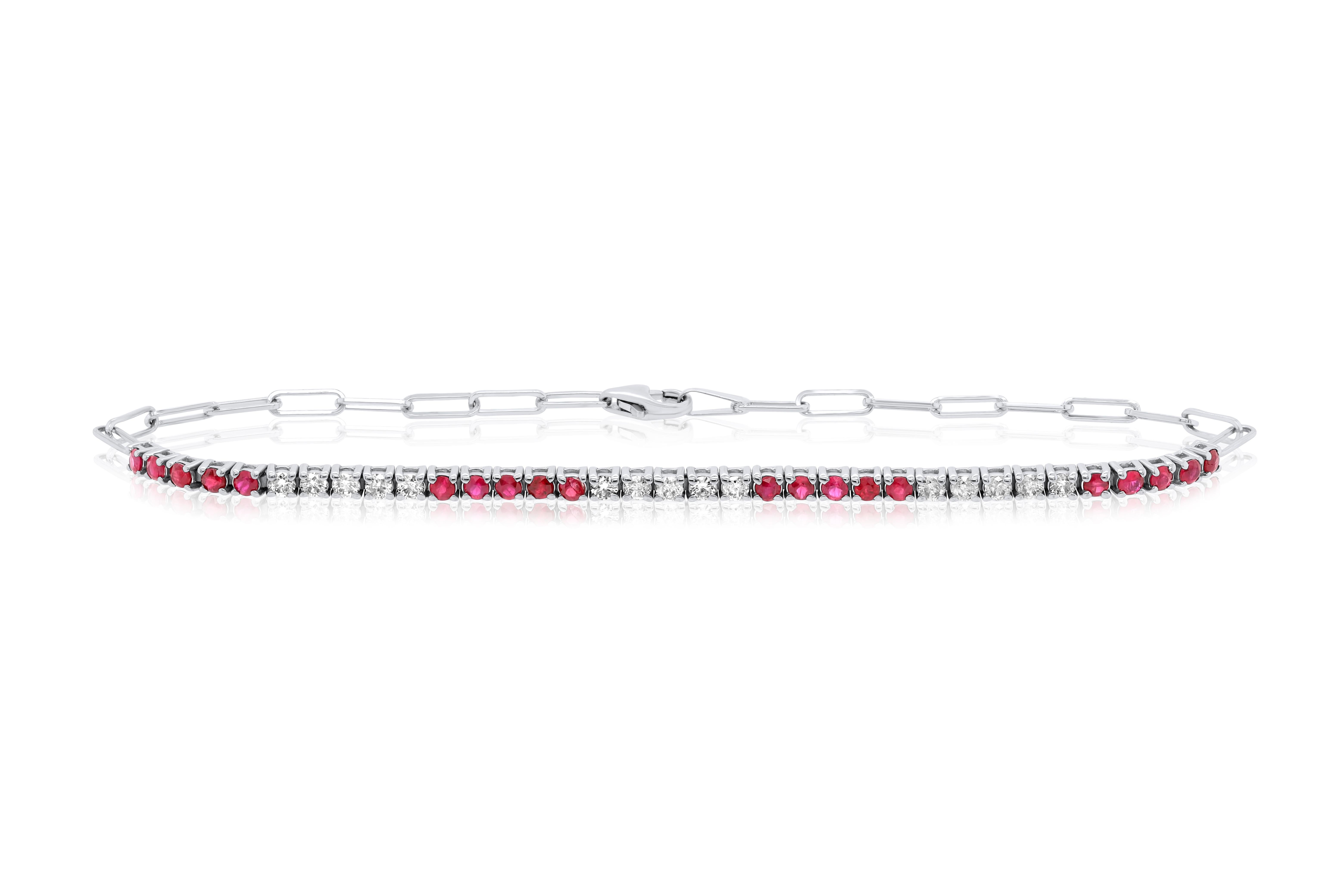 14kt white gold fashion bracelet with 0.45 cts tw of round diamonds and 0.70 cts tw of rubies in a 4 prong setting GH SI