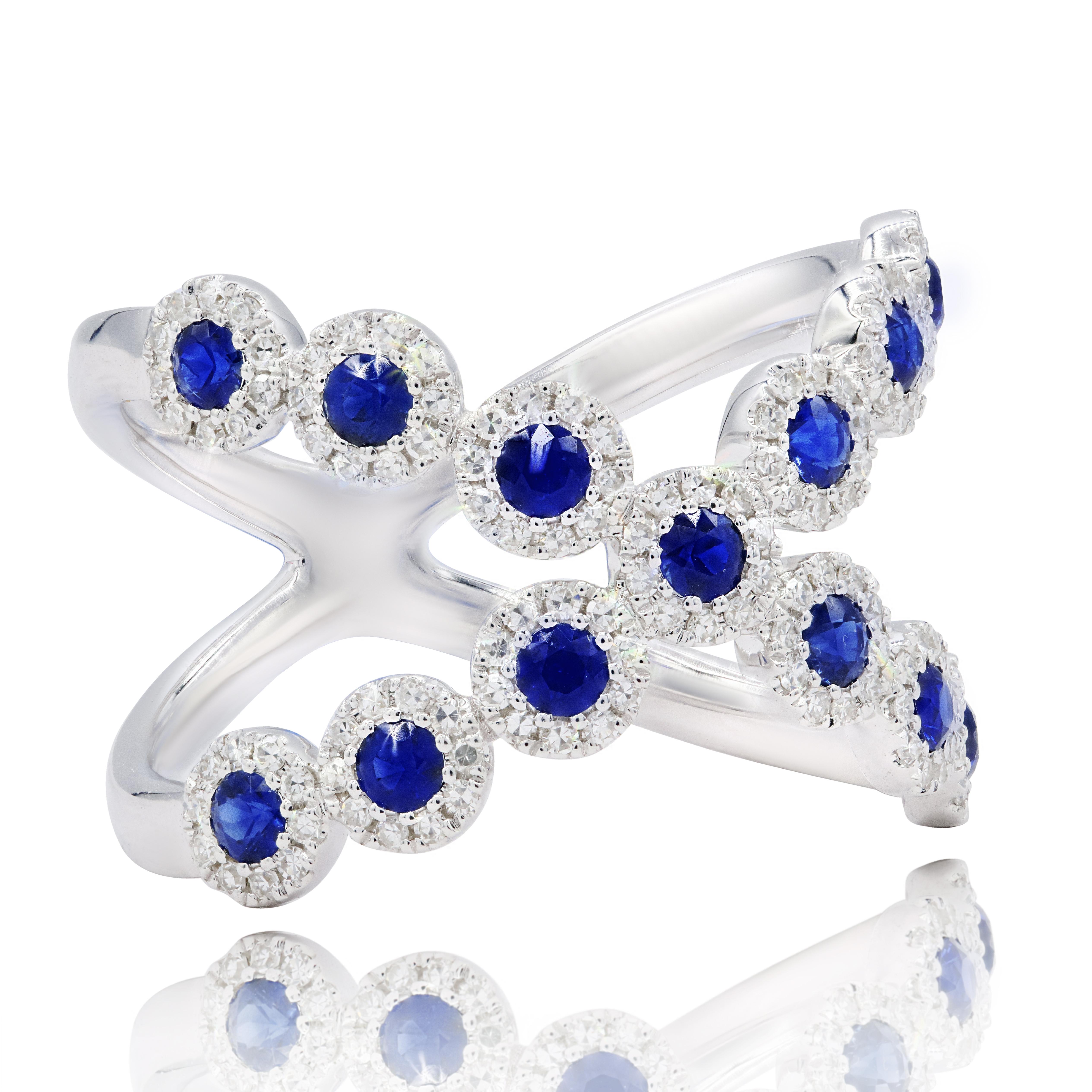 Diana M. Custom Diamond Sapphire Cross Shaped Design Ring 14K White Gold In New Condition For Sale In New York, NY