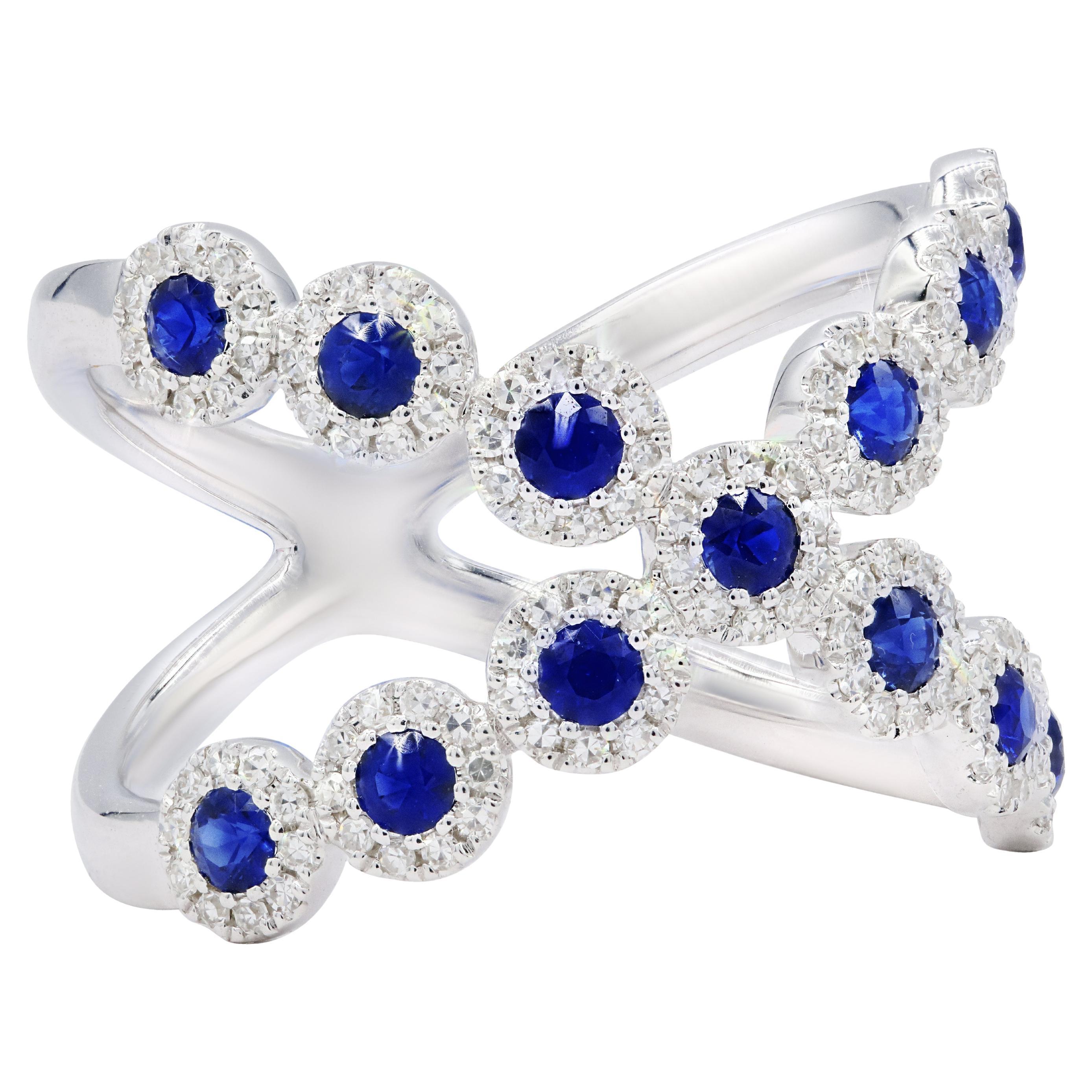 Diana M. Custom Diamond Sapphire Cross Shaped Design Ring 14K White Gold For Sale