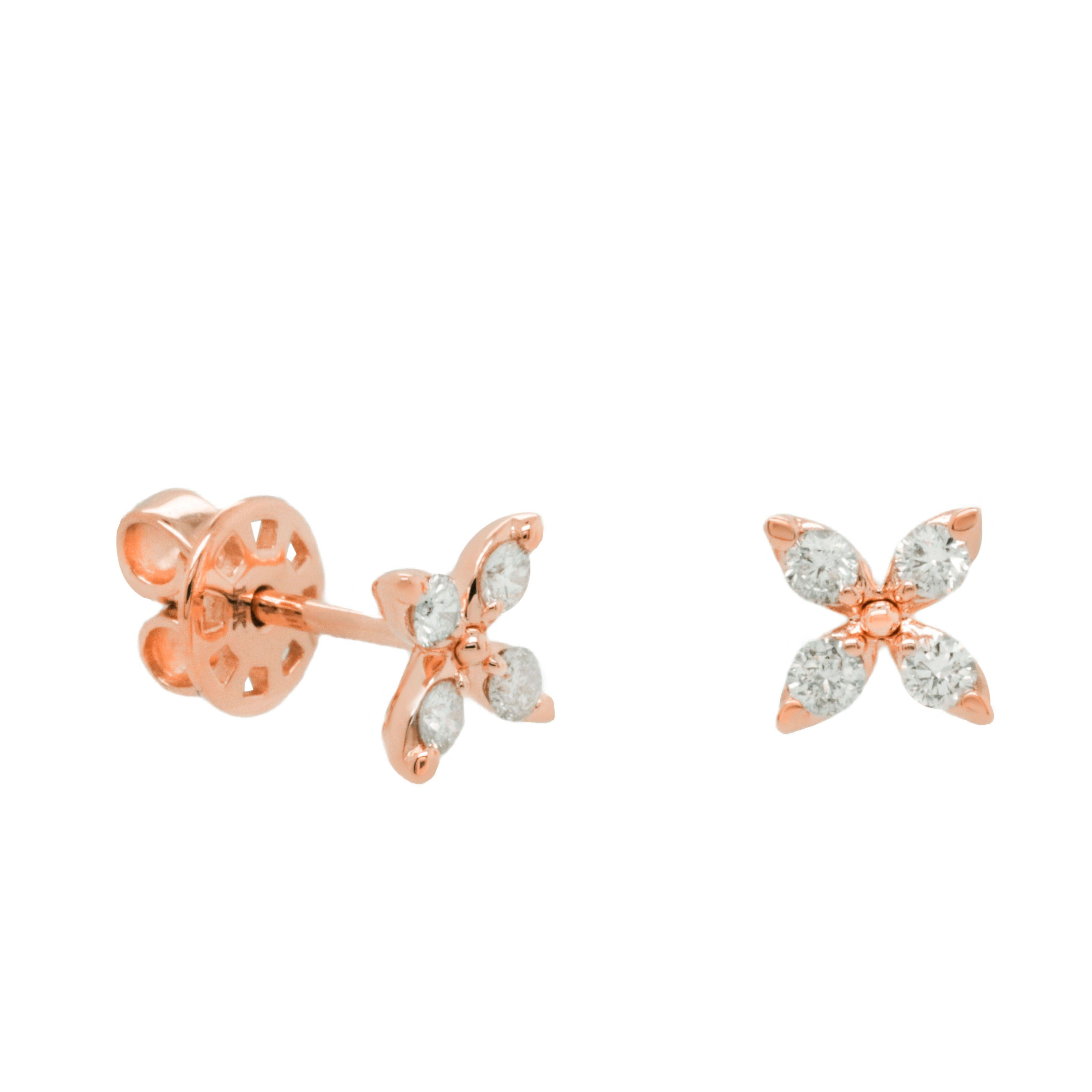 Round Cut Diana M. Custom Floral Diamond Stud Earrings 14K Rose Gold For Sale