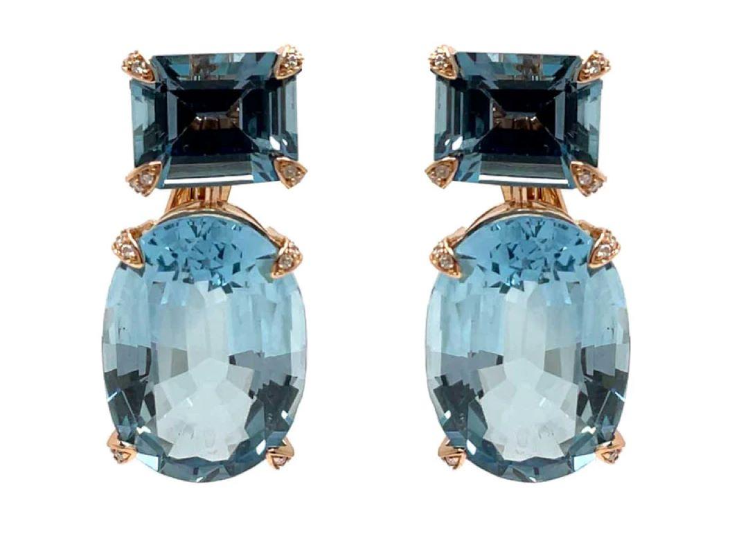 Taglio ovale Diana M. Orecchini su misura in oro rosa 18kt con topazio blu reale e diamanti in vendita