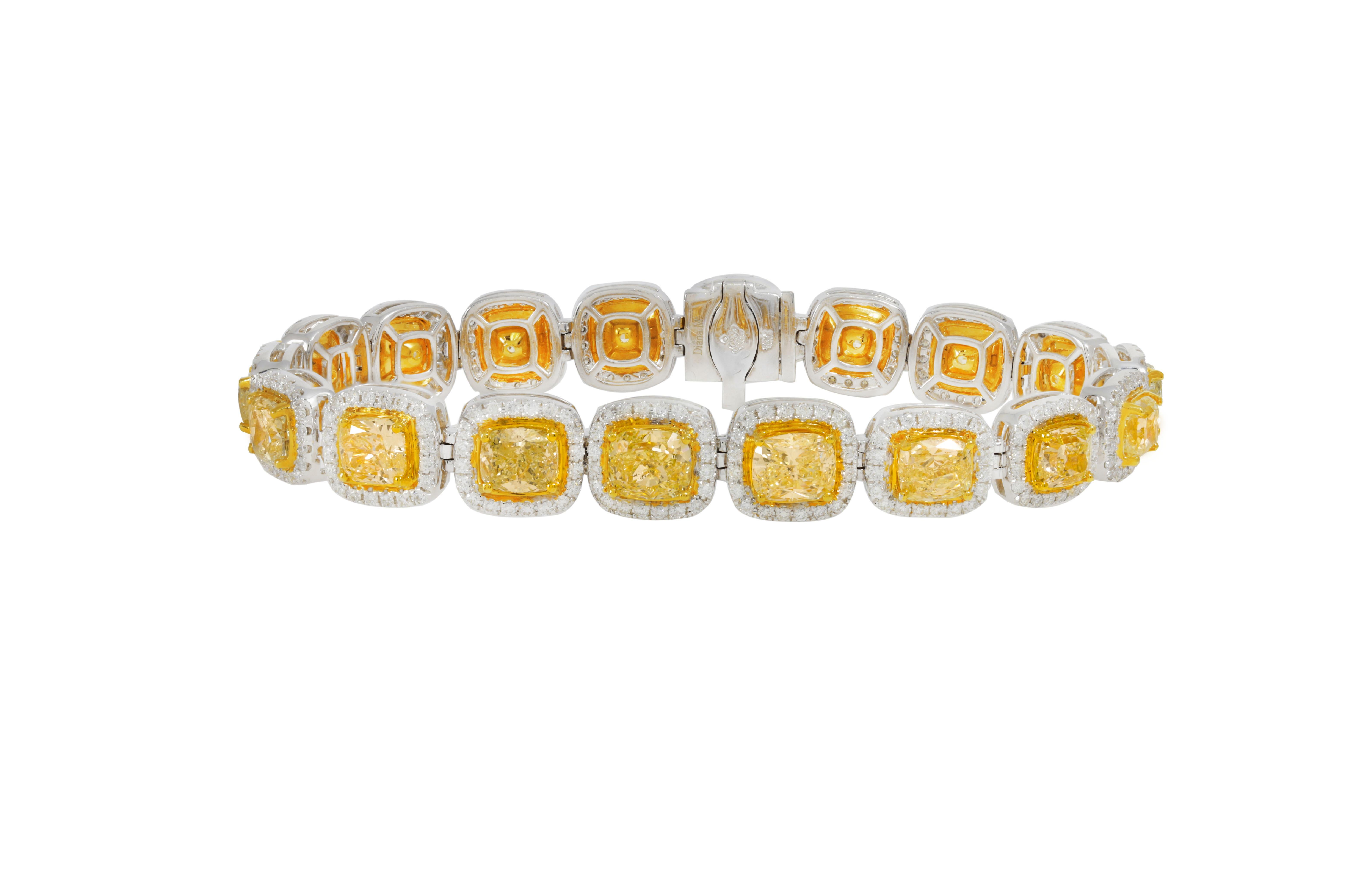 Cushion Cut Diana M. Diamond fashion braclet featuring 21.20cts of custion cut fancy yellows For Sale