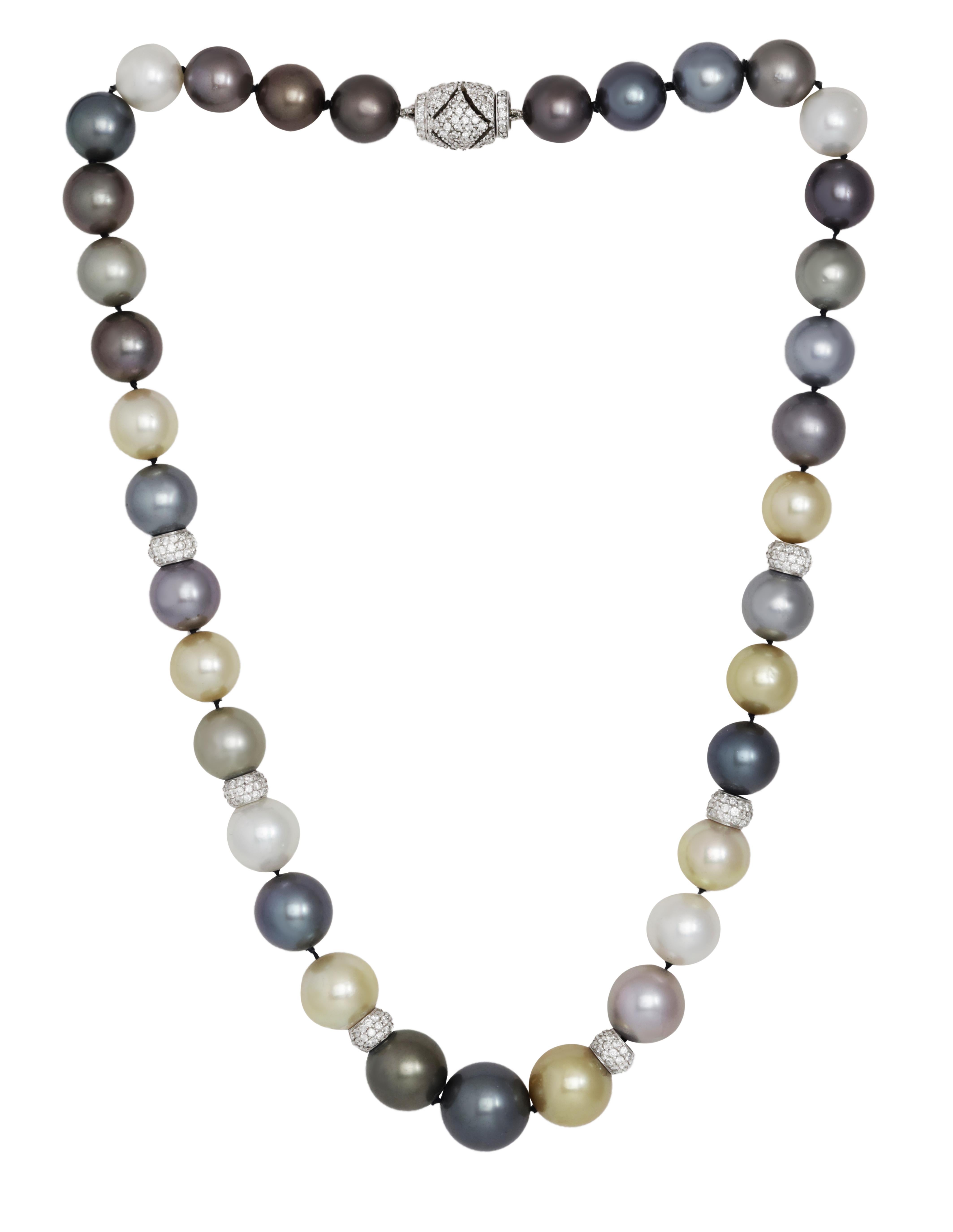 Brilliant Cut Diana M. Diamond pearl necklace adorned with 10-14 mm Tahitian south sea pearls  For Sale
