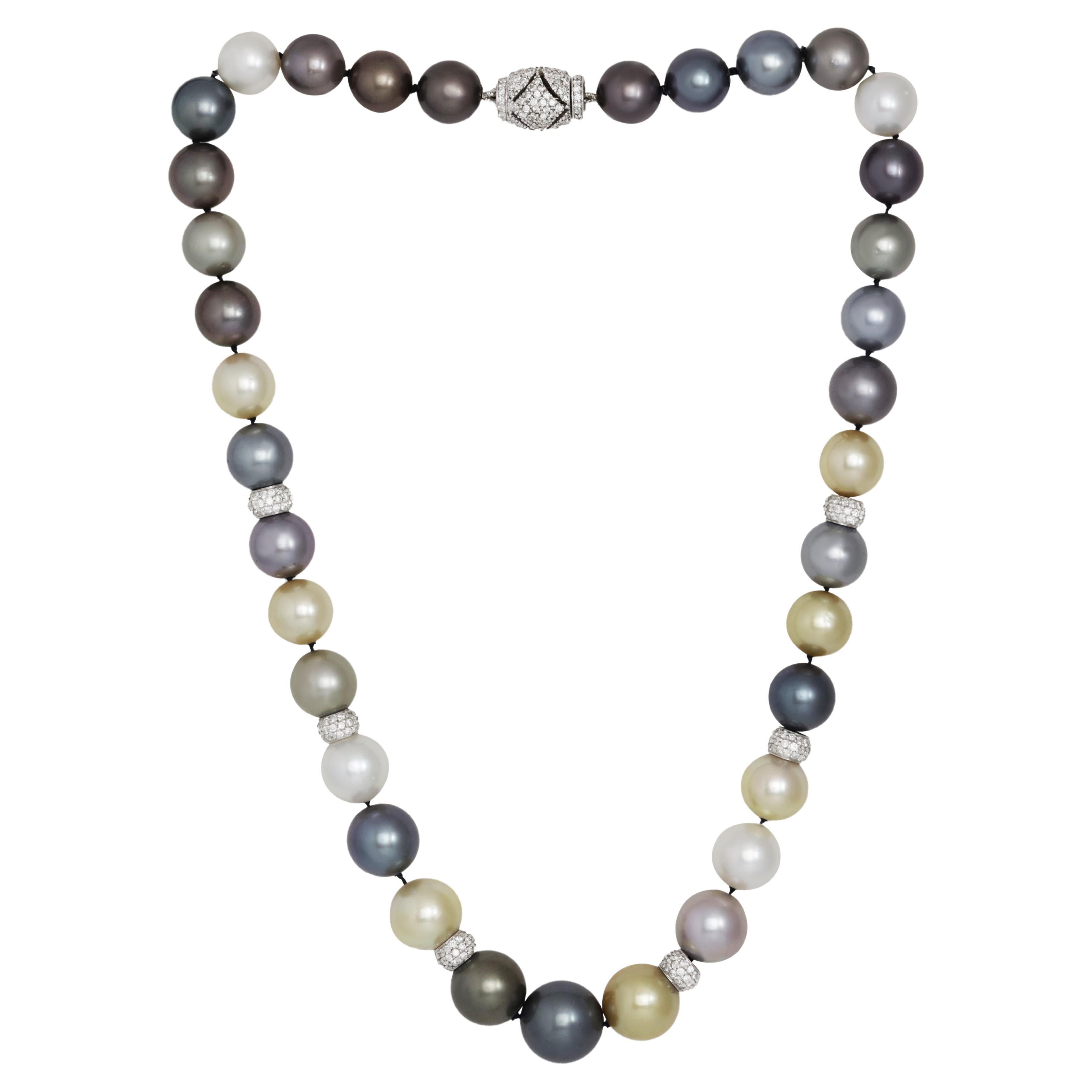 Diana M. Diamond pearl necklace adorned with 10-14 mm Tahitian south sea pearls  For Sale