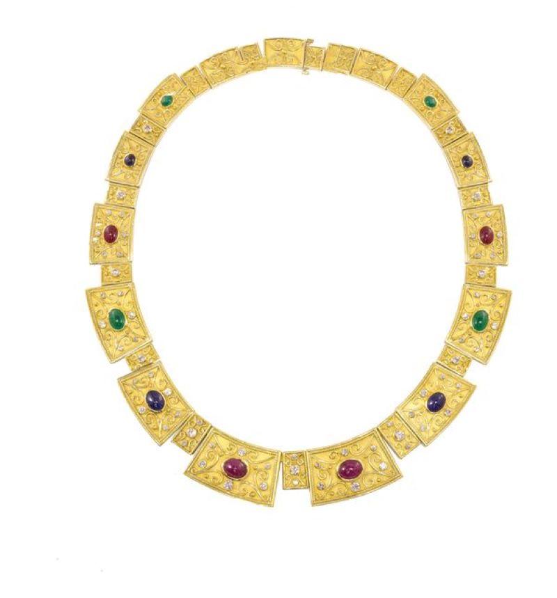 Oval Cut Diana M. Egyption Multicolor Necklace 18K Yellow Gold With Diamonds For Sale