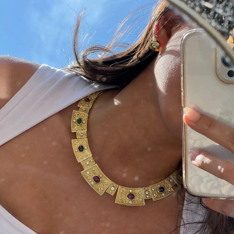 Diana M. Egyption Multicolor Necklace 18K Yellow Gold With Diamonds In New Condition For Sale In New York, NY