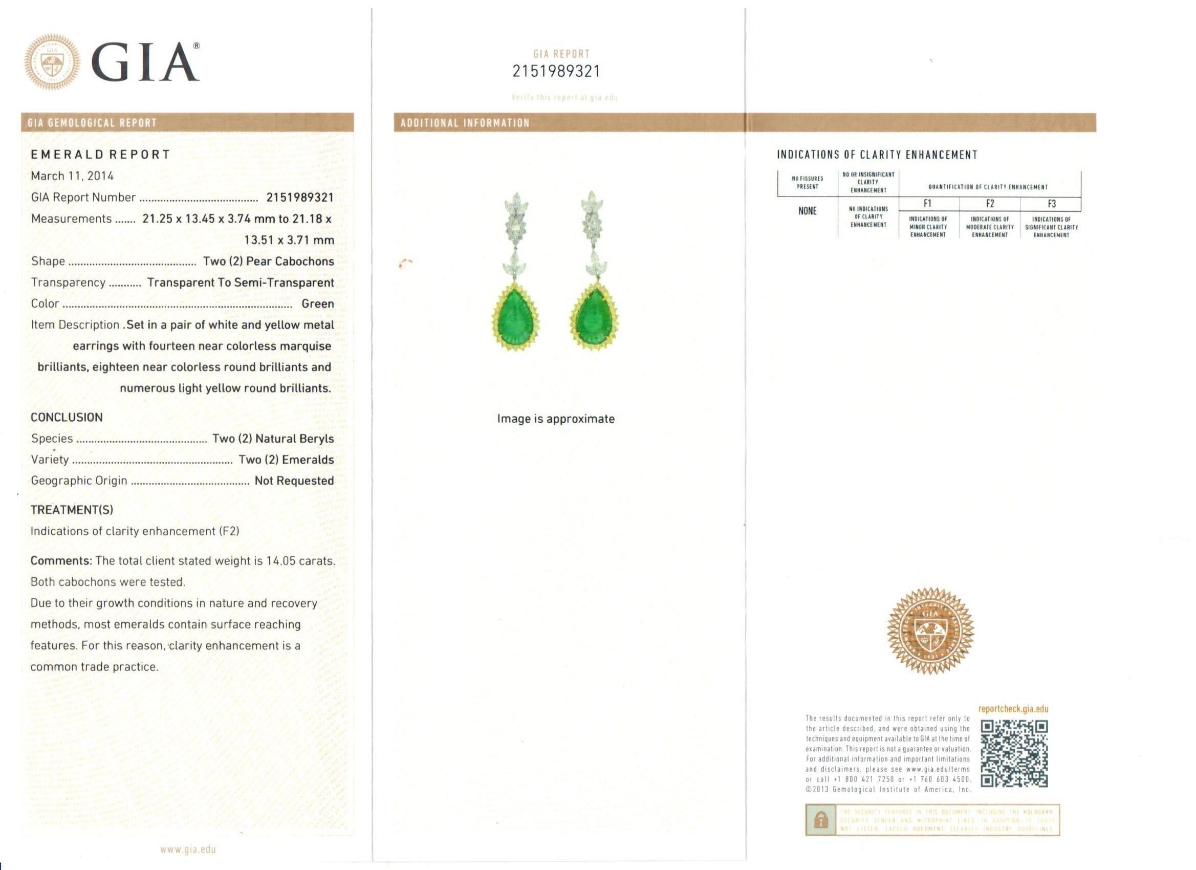Diana M. GIA Certified 14.05 Carat Pear Shaped Emerald and Diamond Earrings In New Condition For Sale In New York, NY