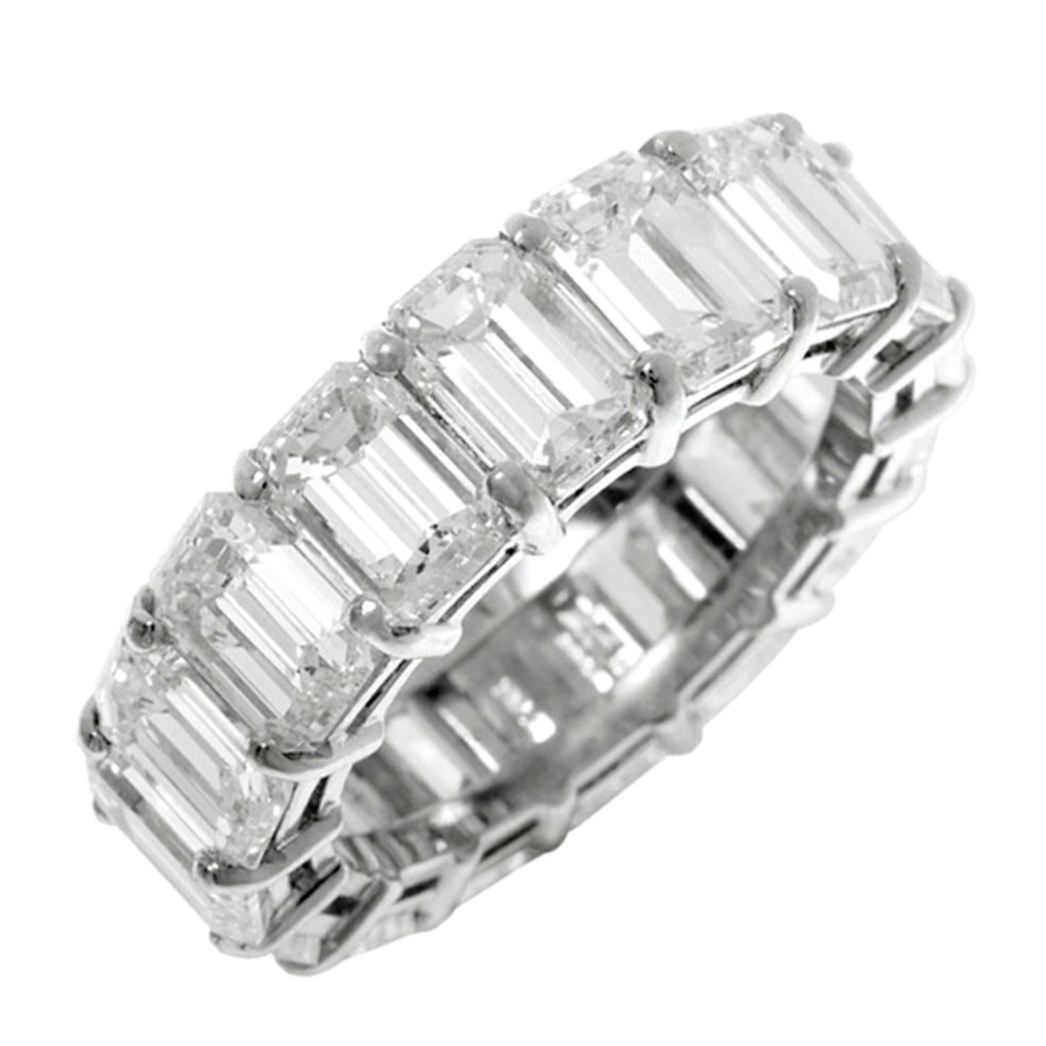Platinum eternity (all the way around) emerald cut diamond band featuring 14 stones ALL GIA certified ranging from D,E,F in color and VVS, VS clarity- total weight is 14.15 carats.
