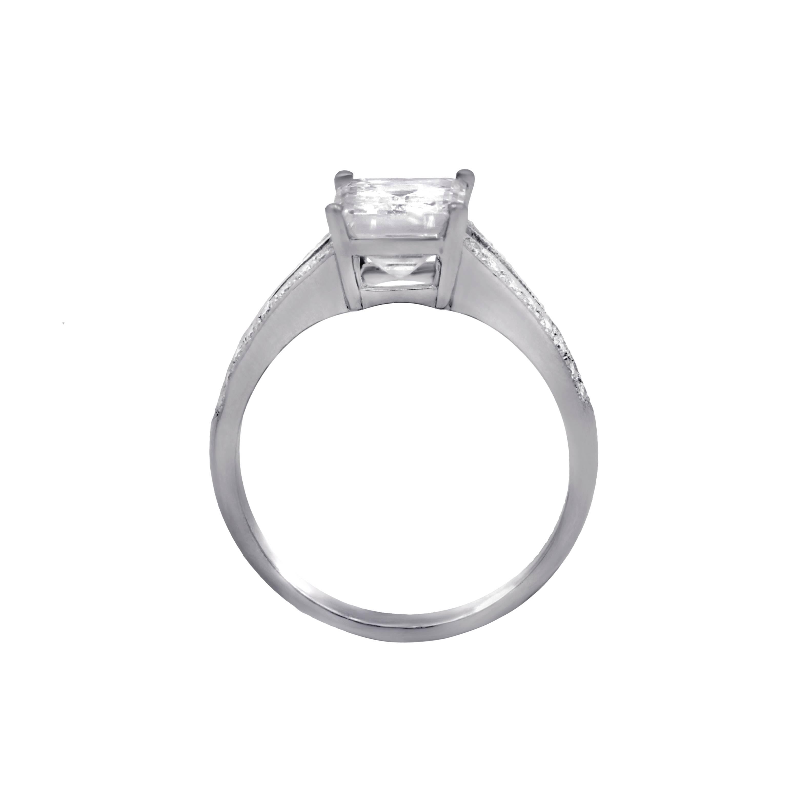 Modern Diana M GIA Certified 2.00 CTTW Emerald Cut Diamond Double Shank Platinum Ring For Sale