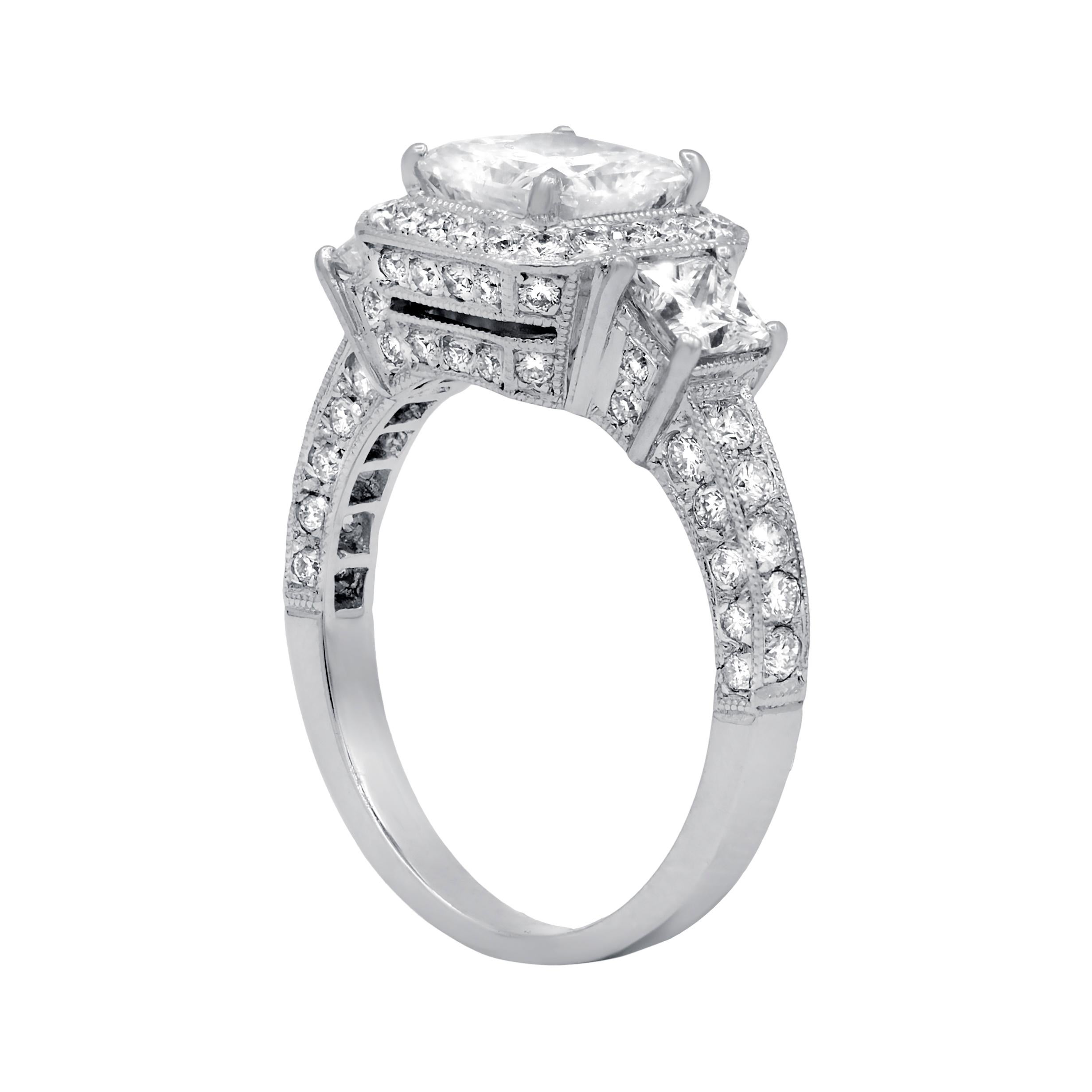 Radiant Cut Diana M GIA Certified 2.42 Ct Diamond Halo Filigree Engagement Ring For Sale