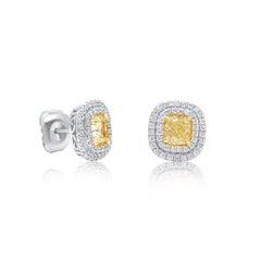Diana M GIA Certified 2.45 Ct Radiant Yellow & 1.40 Ct White Diamond Halo Studs