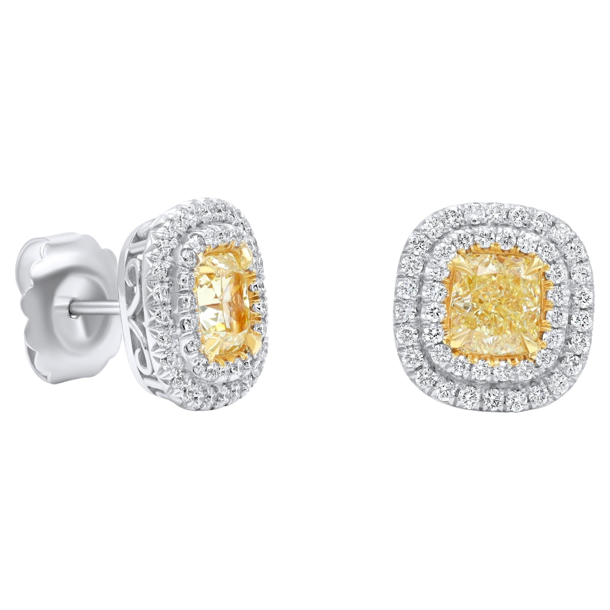 Diana M GIA Certified 3,02Ct Cushion Yellow Diamond e 0,80Ct White Diamond Studs