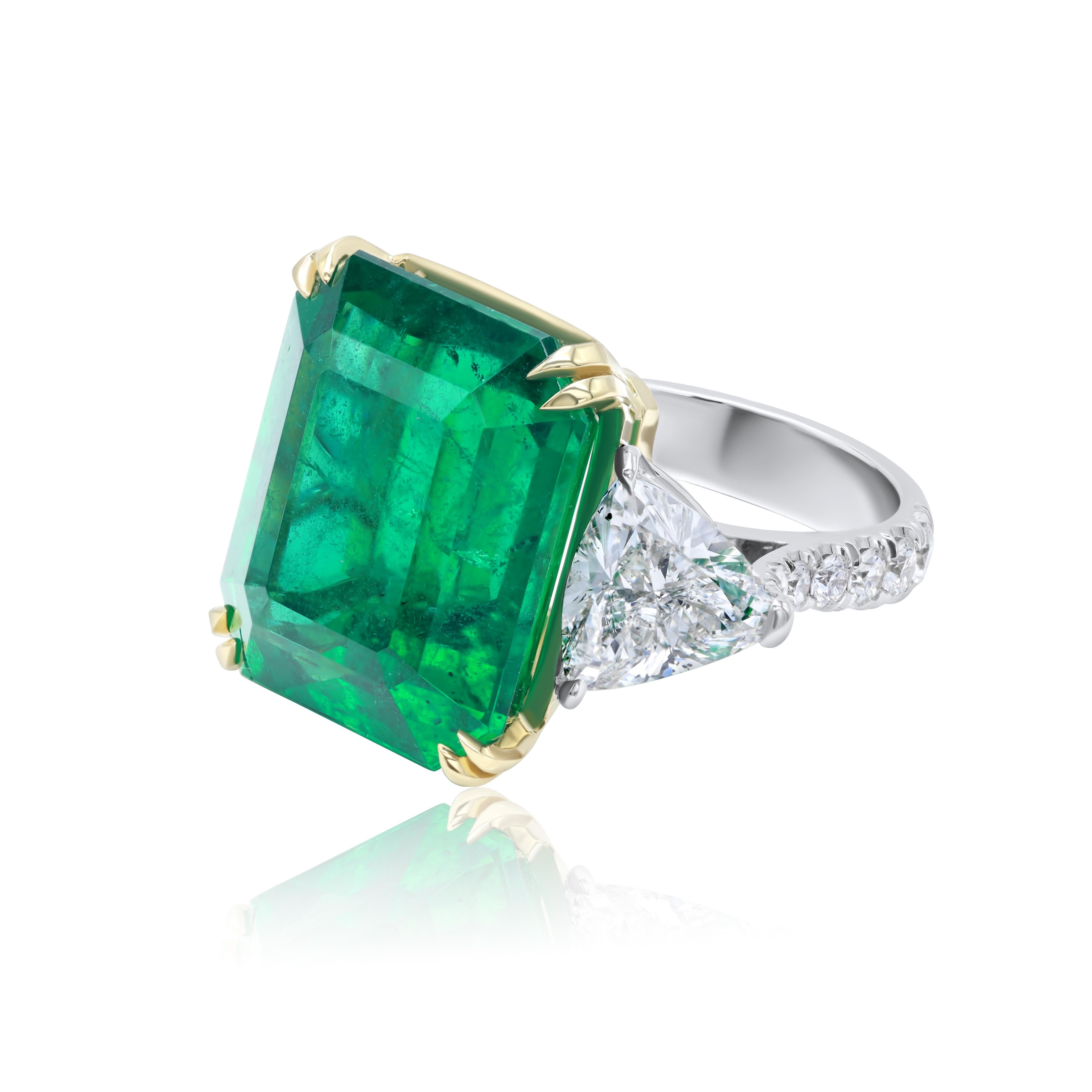 Diana M. prächtiger grüner Smaragd-Diamantring mit Trillionen 21,80 Karat Smaragd (Smaragdschliff) im Angebot