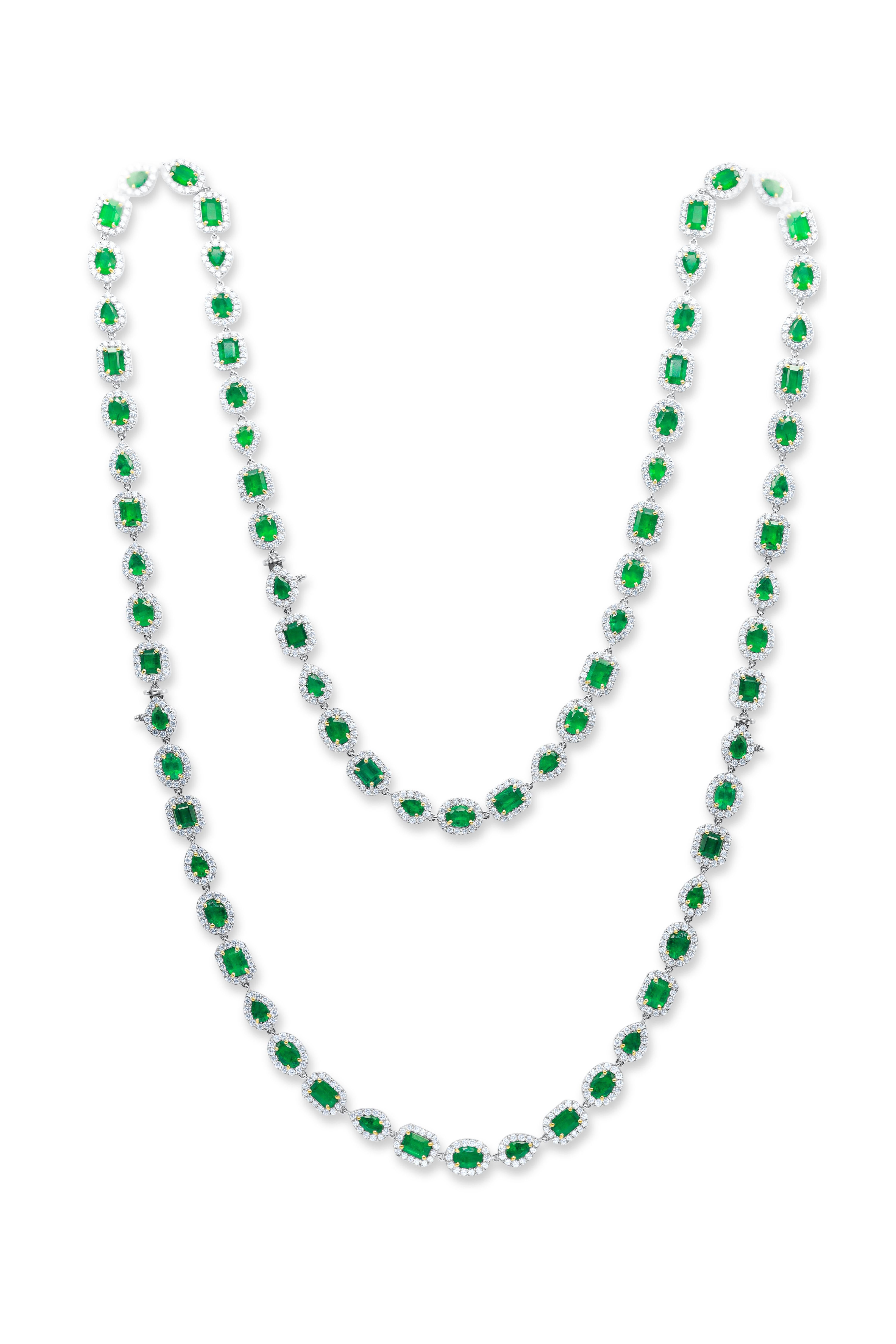 Asscher Cut Diana M. Mixed Shape 46.10 Carat Emerald and Diamond Halo Necklace For Sale