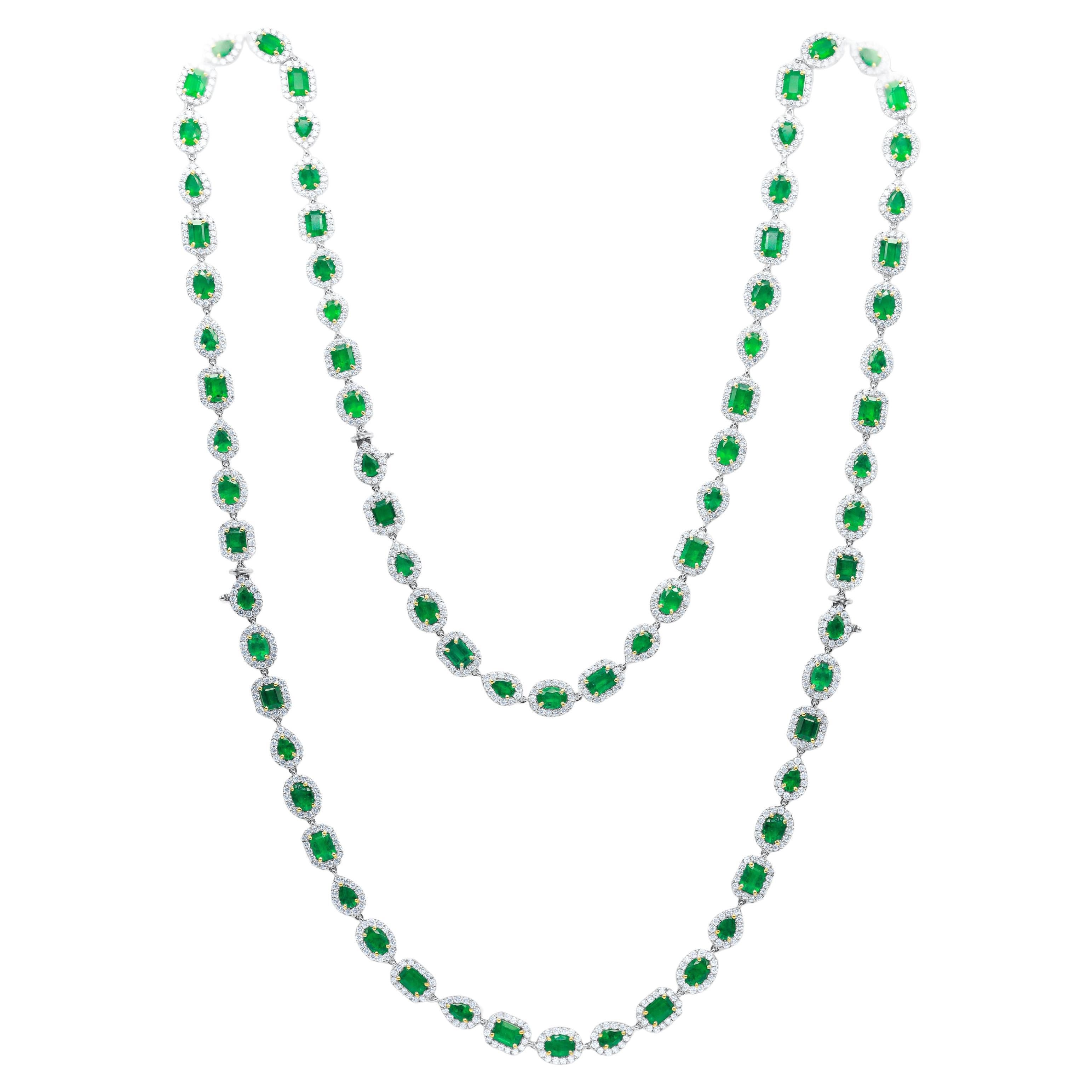 Diana M. Mixed Shape 46.10 Carat Emerald and Diamond Halo Necklace