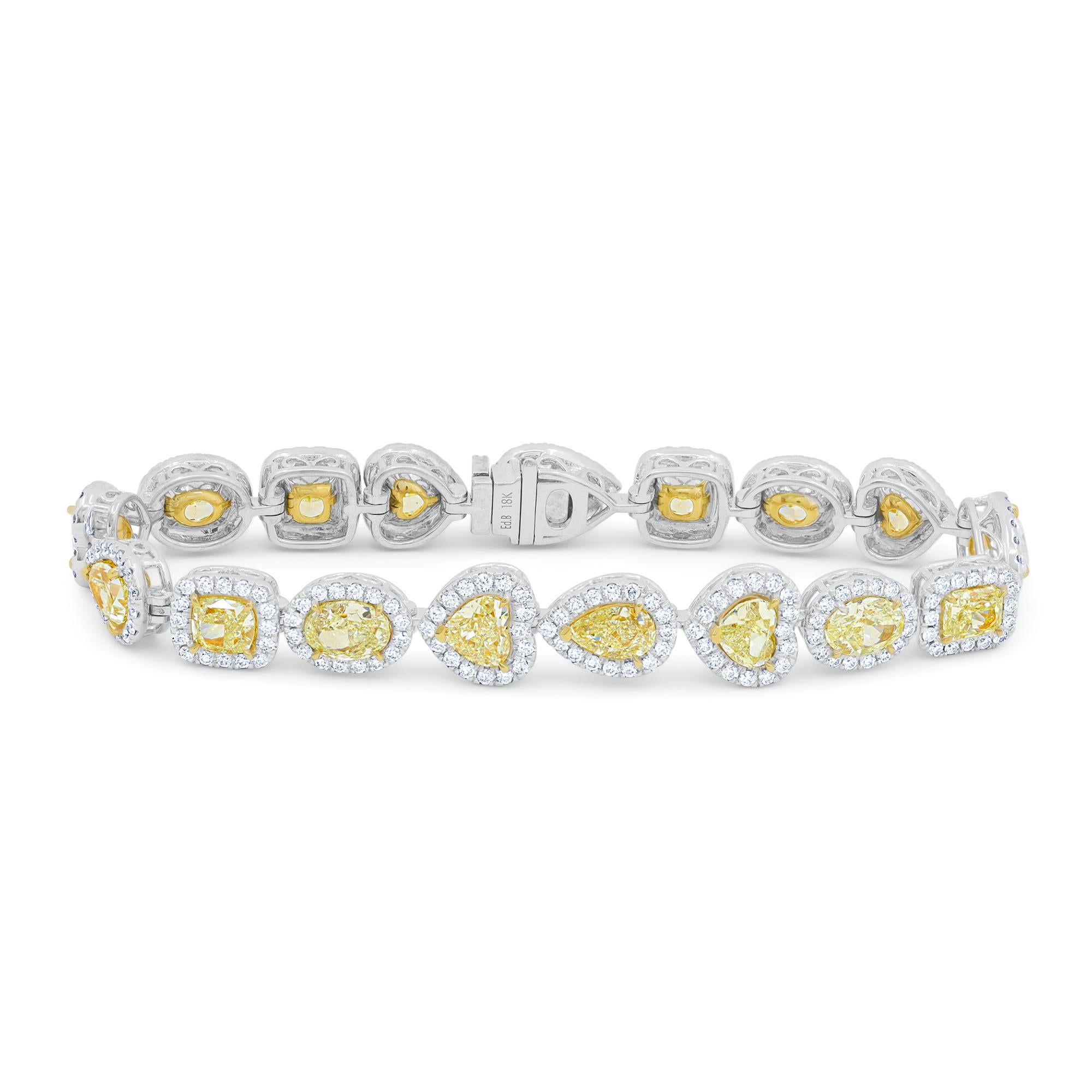Mixed Cut Diana M. Multi Shape Fancy Yellow Diamond Bracelet 18.79ct Yellow and 4.10 Halo For Sale