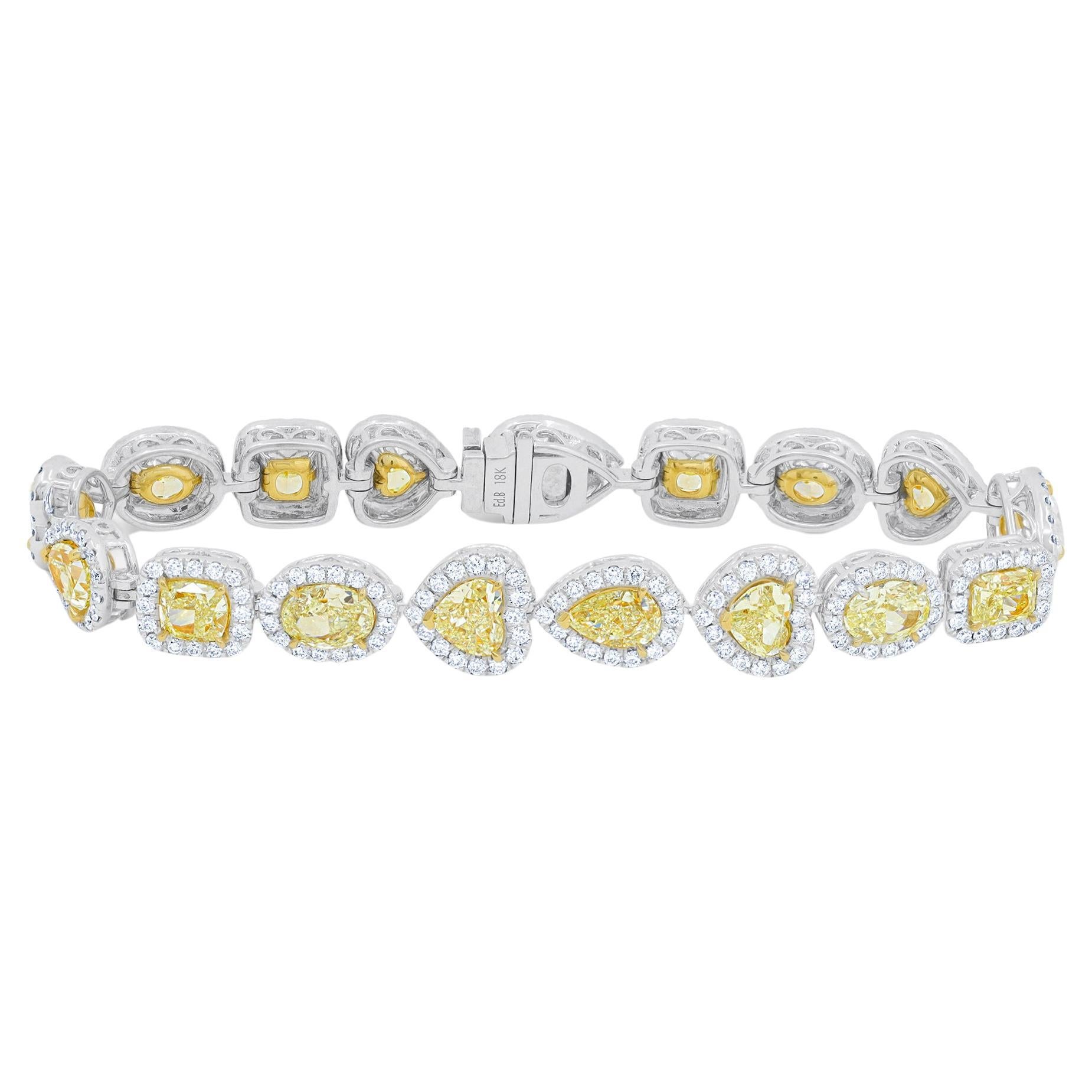 Diana M. Multi Shape Fancy Yellow Diamond Bracelet 18.79ct Yellow and 4.10 Halo For Sale