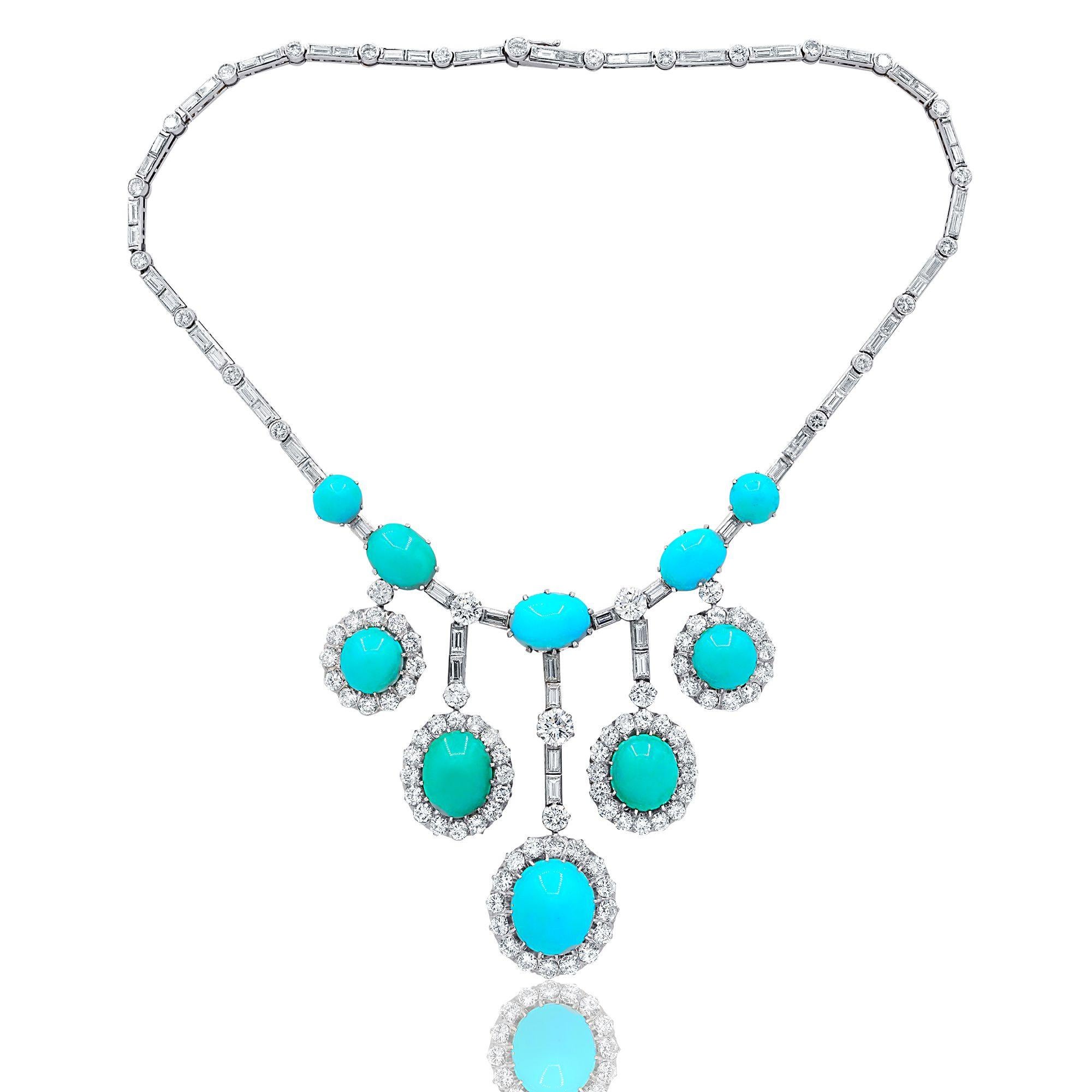 One of a Kind Turquoise and Diamond Necklace features 28 carats of important size old miner diamonds, with approximately 84 carats of turquoises. 