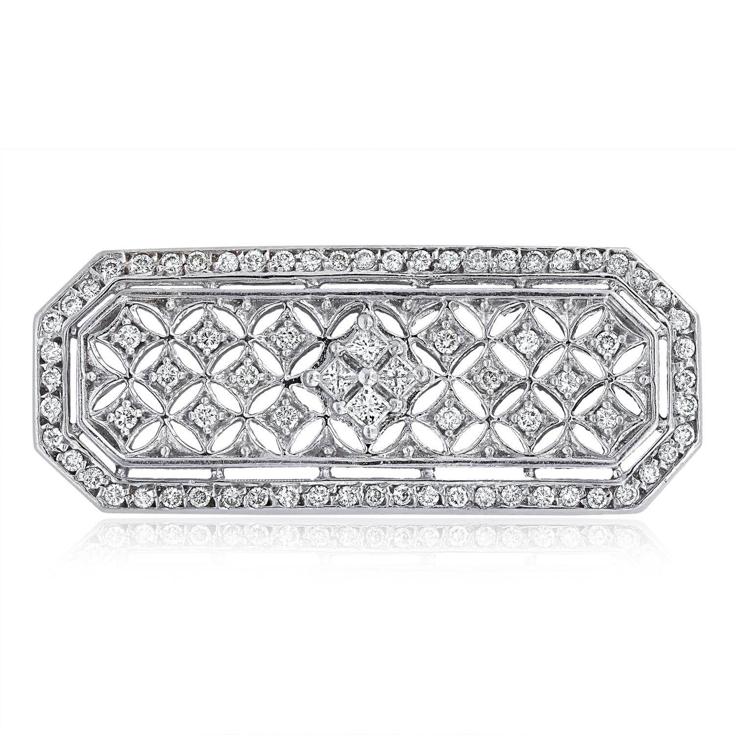 Openwork 14 kt white gold diamond pin/brooch adorned with 1.60 cts tw of diamonds in the middle 
Diana M. is a leading supplier of top-quality fine jewelry for over 35 years.
Diana M is one-stop shop for all your jewelry shopping, carrying line of