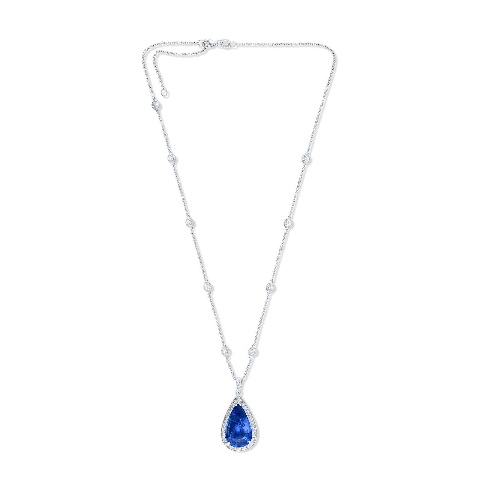  Platinum Sapphire and Diamond Pear Shape pendent 14.43cts  with 60cts  of Diamond Halo.