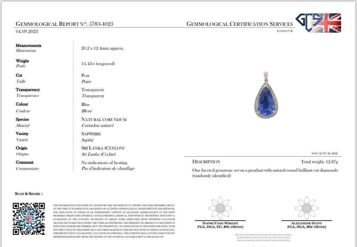 Women's or Men's Diana M  Platinum 14.43 Ct Sapphire with 60 Ct Diamond Halo Pendant For Sale