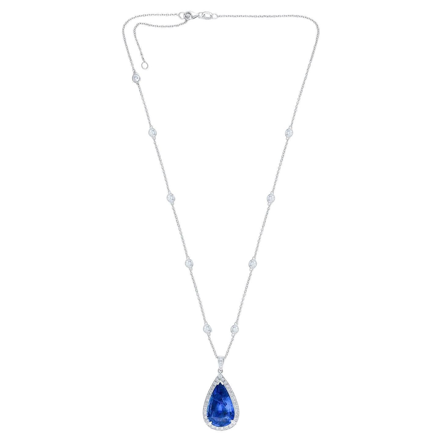 Diana M  Platinum 14.43 Ct Sapphire with 60 Ct Diamond Halo Pendant For Sale