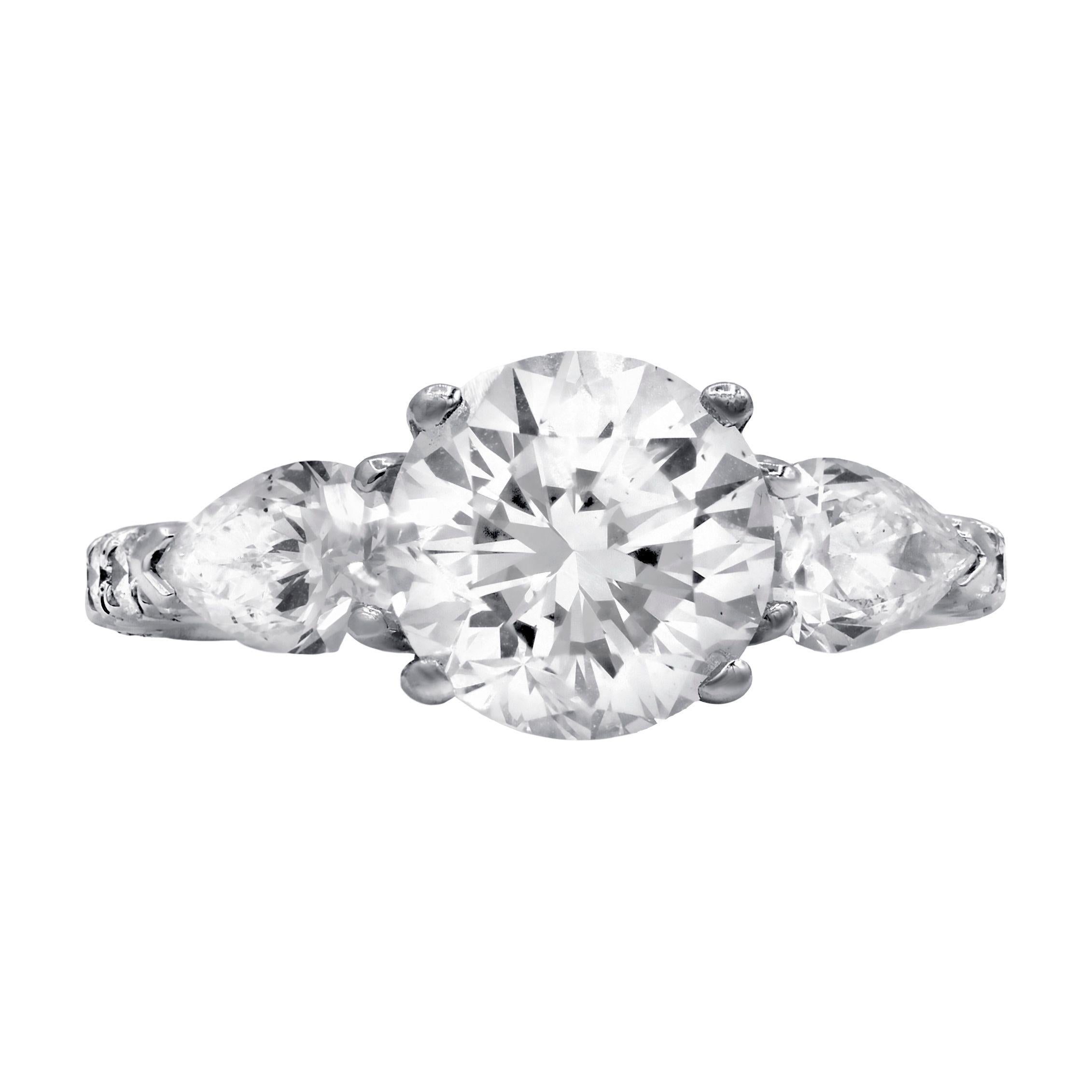 Round Cut Diana M Platinum 2.44 CT Round Diamond & 1.35 Ct Side Stone Engagement Ring For Sale