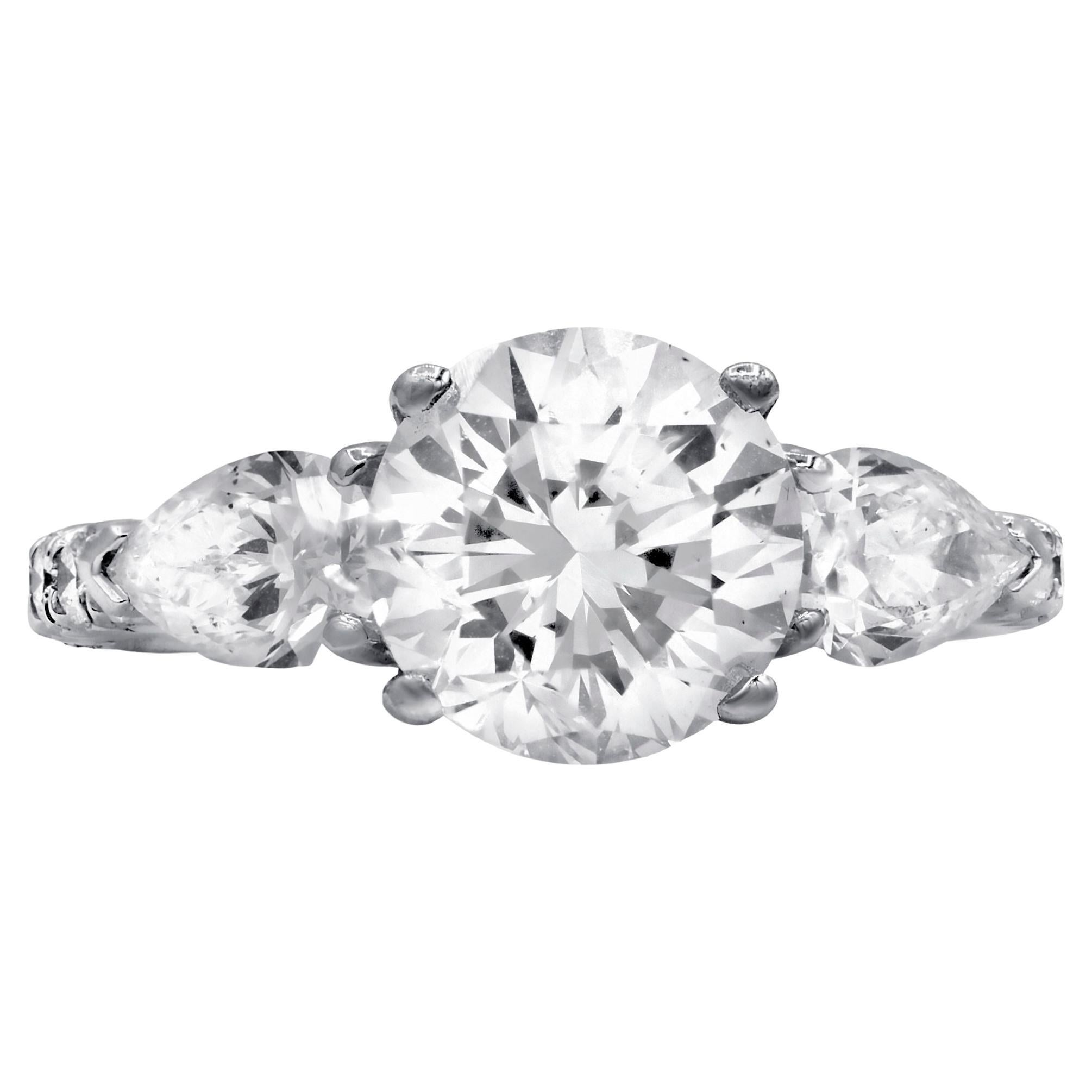 Diana M Platinum 2.44 CT Round Diamond & 1.35 Ct Side Stone Engagement Ring For Sale