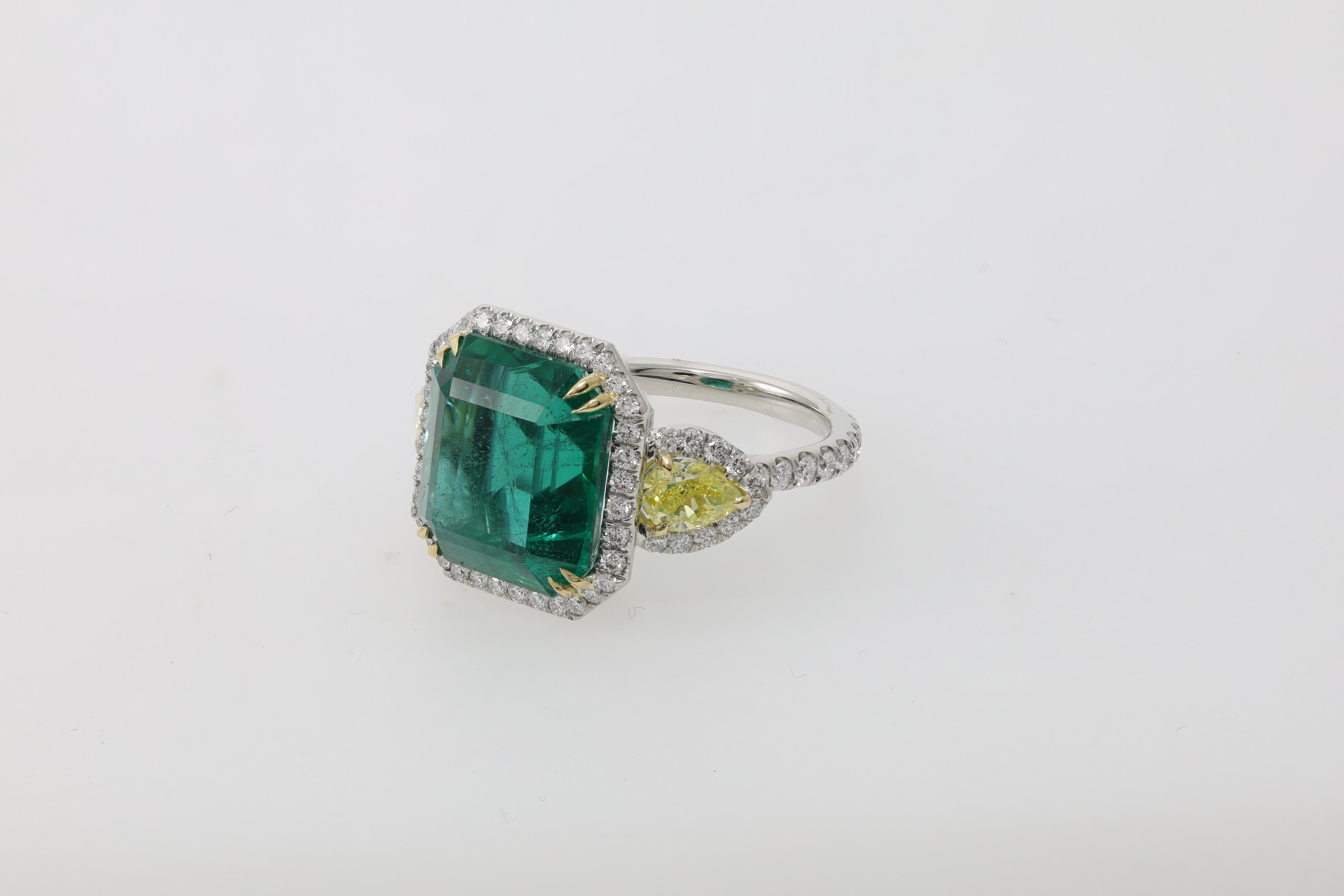 Emerald Cut Diana M. Platinum and 18 kt yellow gold emerald diamond ring featuring a 13.69  For Sale