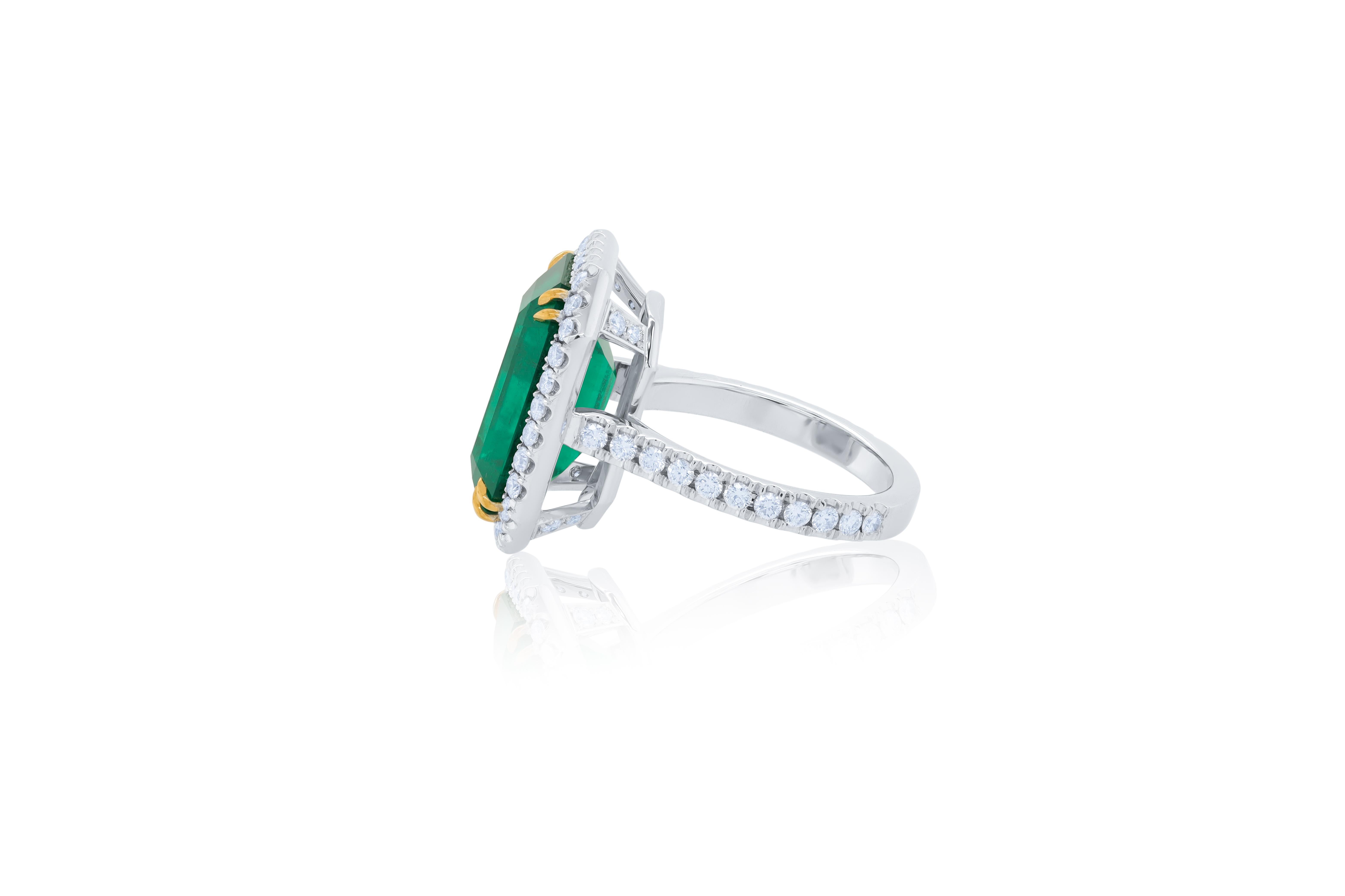Modern Diana M. Platinum and 18 kt yellow gold emerald diamond ring featuring a 9.11 ct For Sale