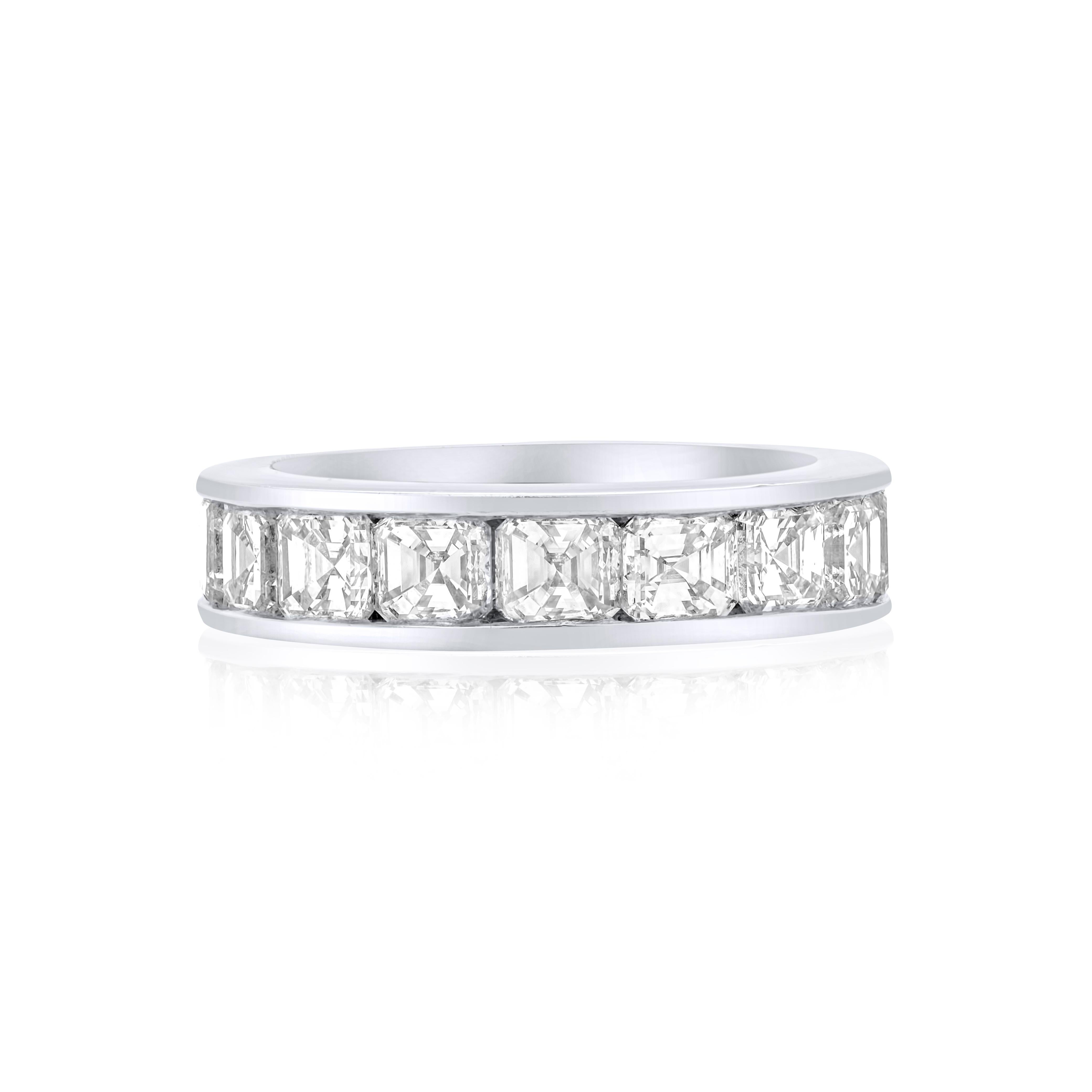 Asscher Cut Diana M. platinum diamond channel set eternity band all the way around features  For Sale
