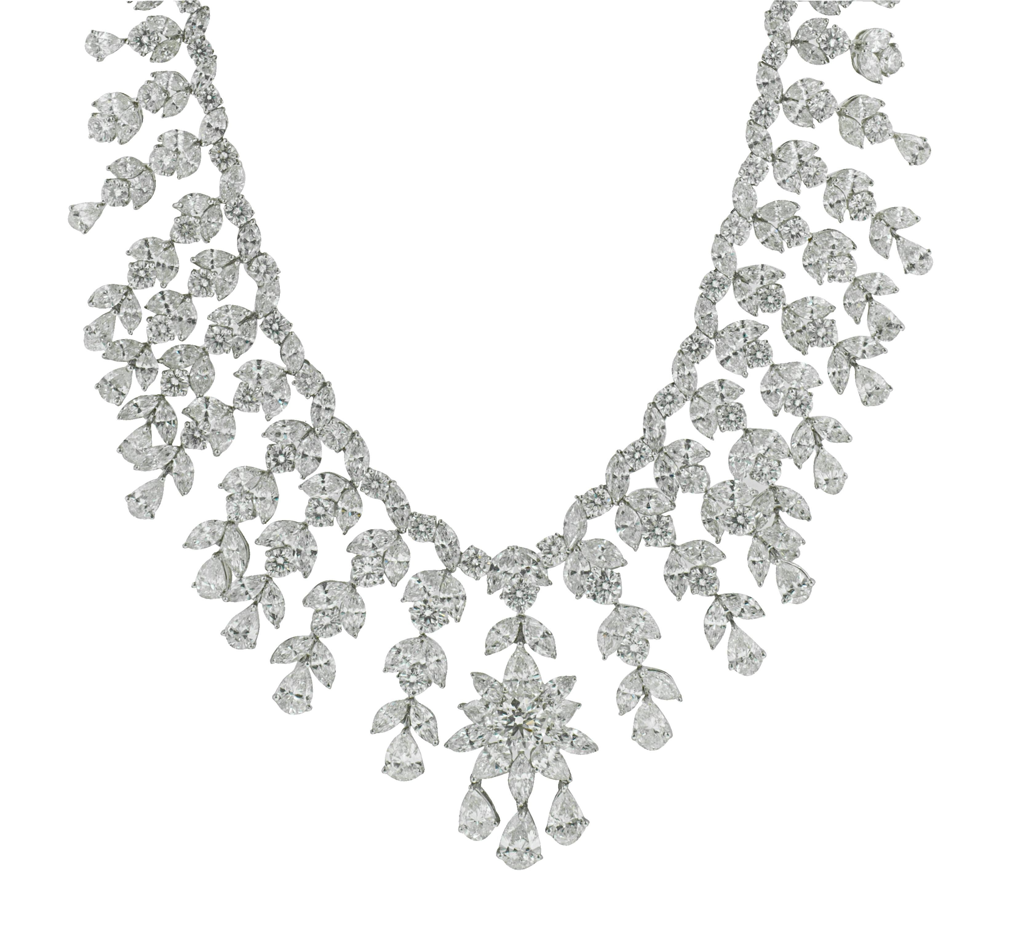 This Impressive diamond Necklace from Special Collection made with top quality diamonds. 92.55 CT total weight of diamonds, all F/G in Color, VS in clarity.
The combination of marque, round and pear Diamonds gives a Gorgeous look to the