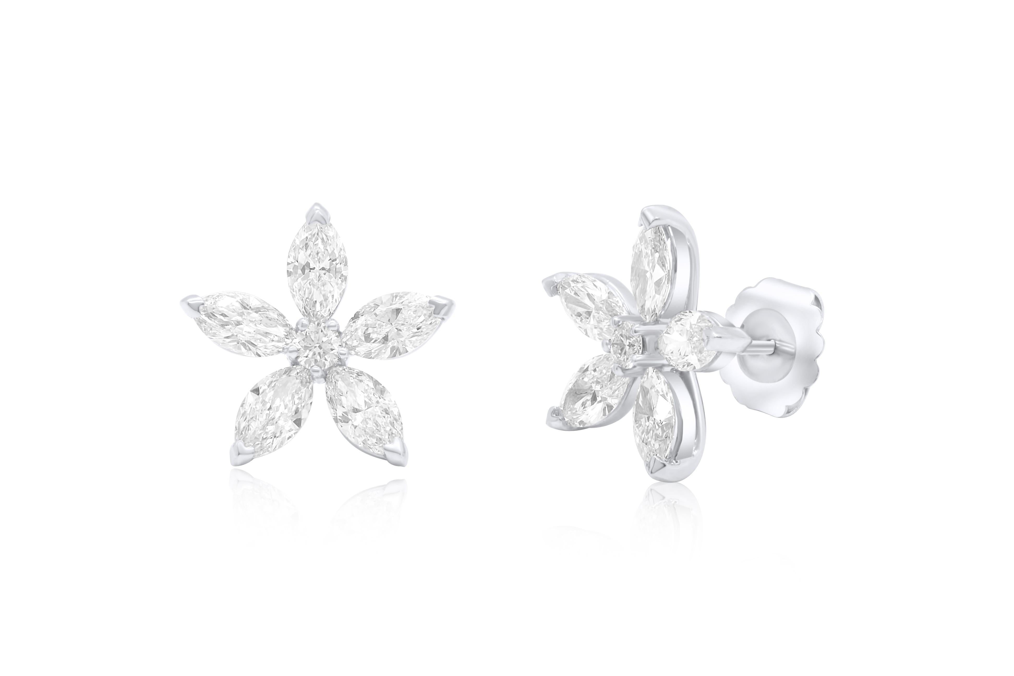 Marquise Cut Diana M. PLATINUM DIAMOND FLOWER SGTUDS WITH MARQUISE DIAMONDS 5.06cts For Sale