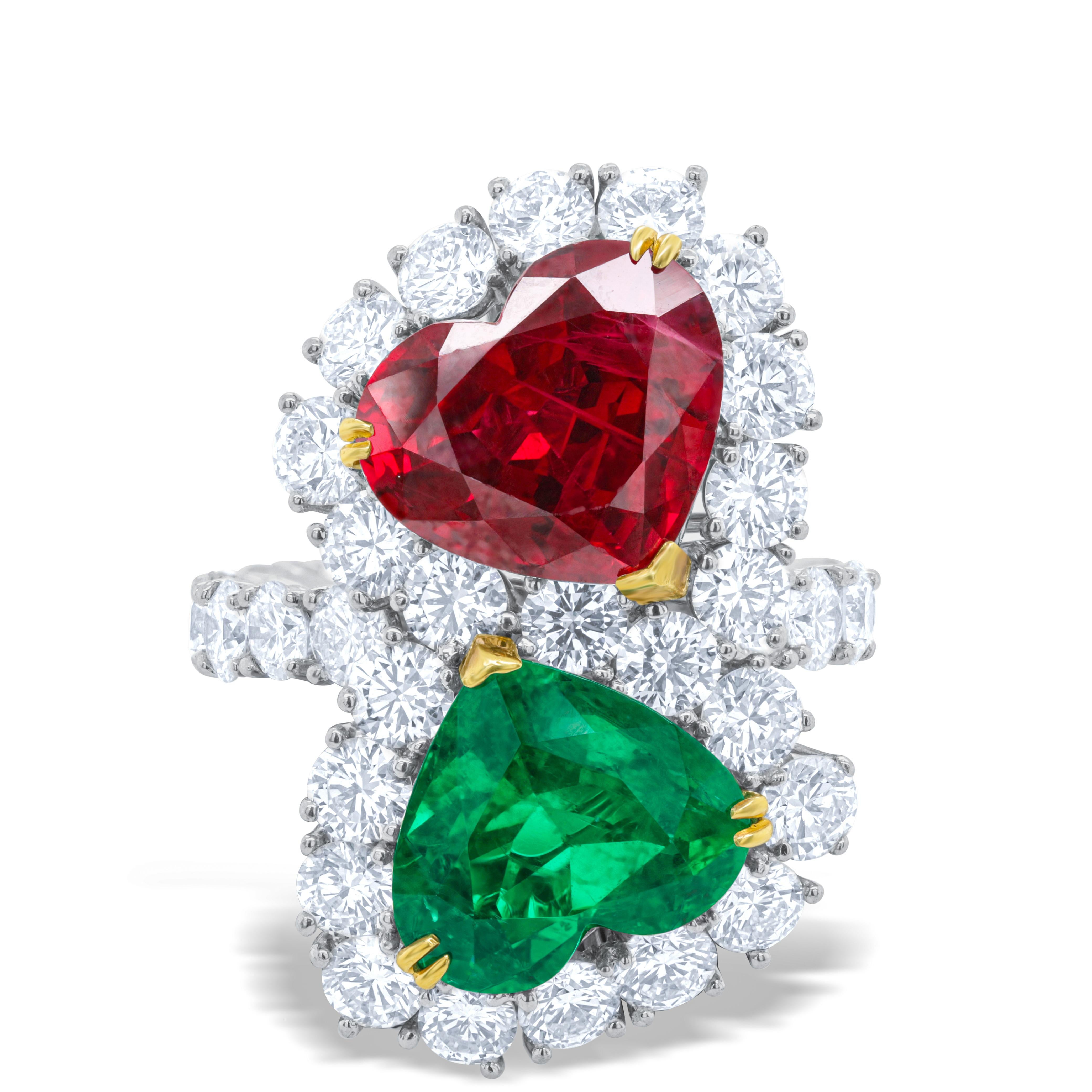 Platinum diamond ring featuring 11.05 cts tw of heartshaped ruby and emerald with 6.60 cts tw of diamonds surrounding the band.
Diana M. is a leading supplier of top-quality fine jewelry for over 35 years.
Diana M is one-stop shop for all your