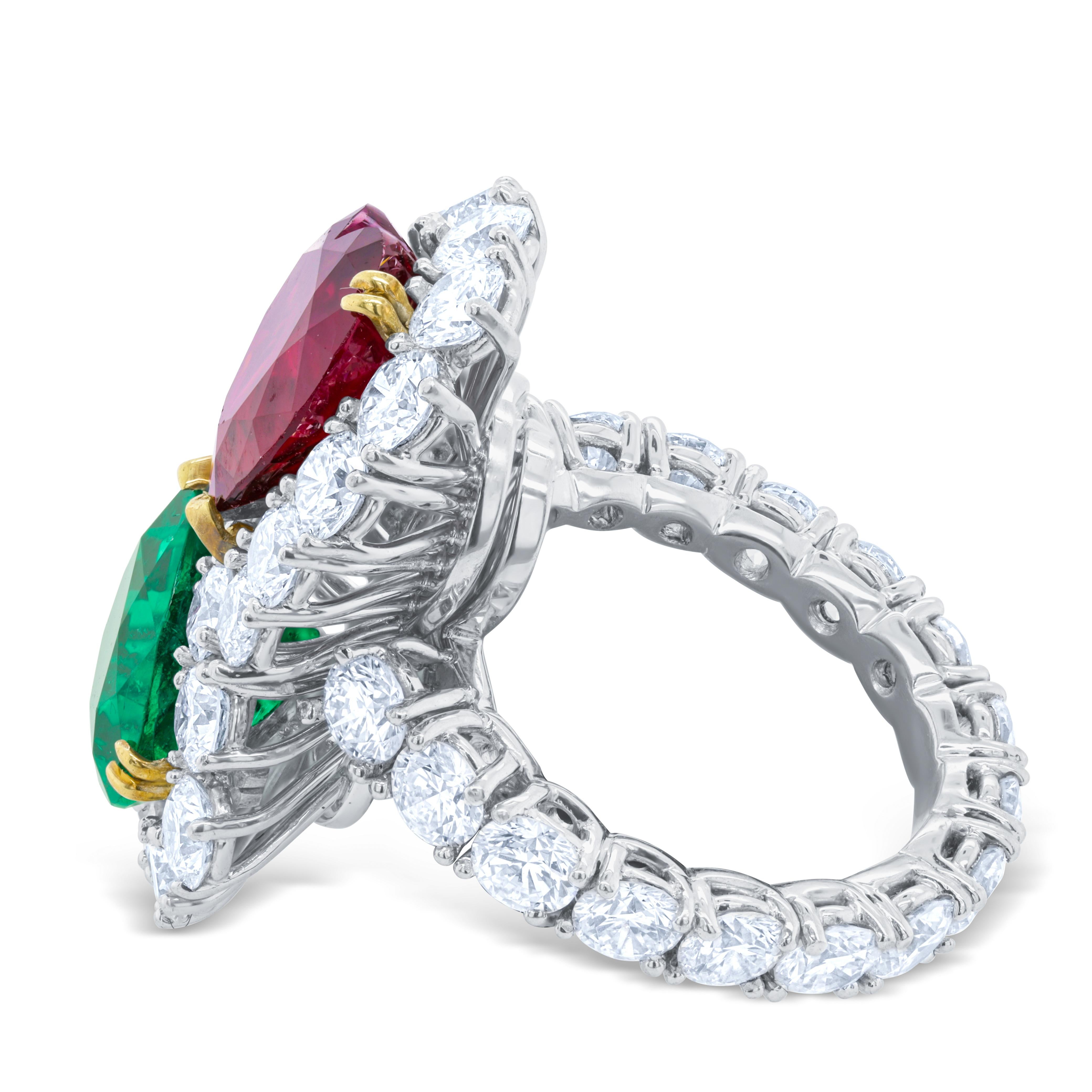 Cushion Cut Diana M. Platinum diamond ring 11.05 cts tw of heartshaped ruby and emerald  For Sale