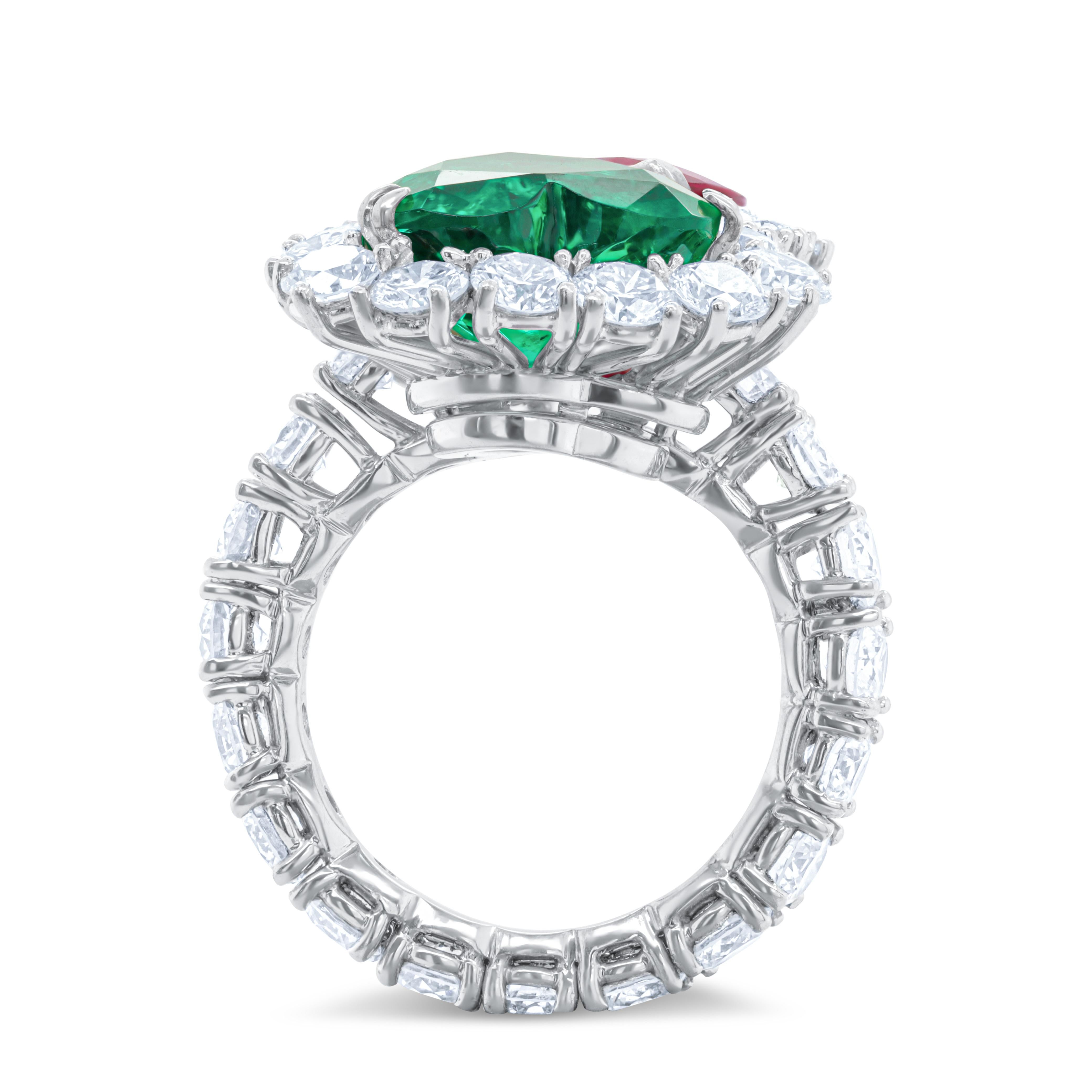 Modern Diana M. Platinum diamond ring 11.05 cts tw of heartshaped ruby and emerald  For Sale