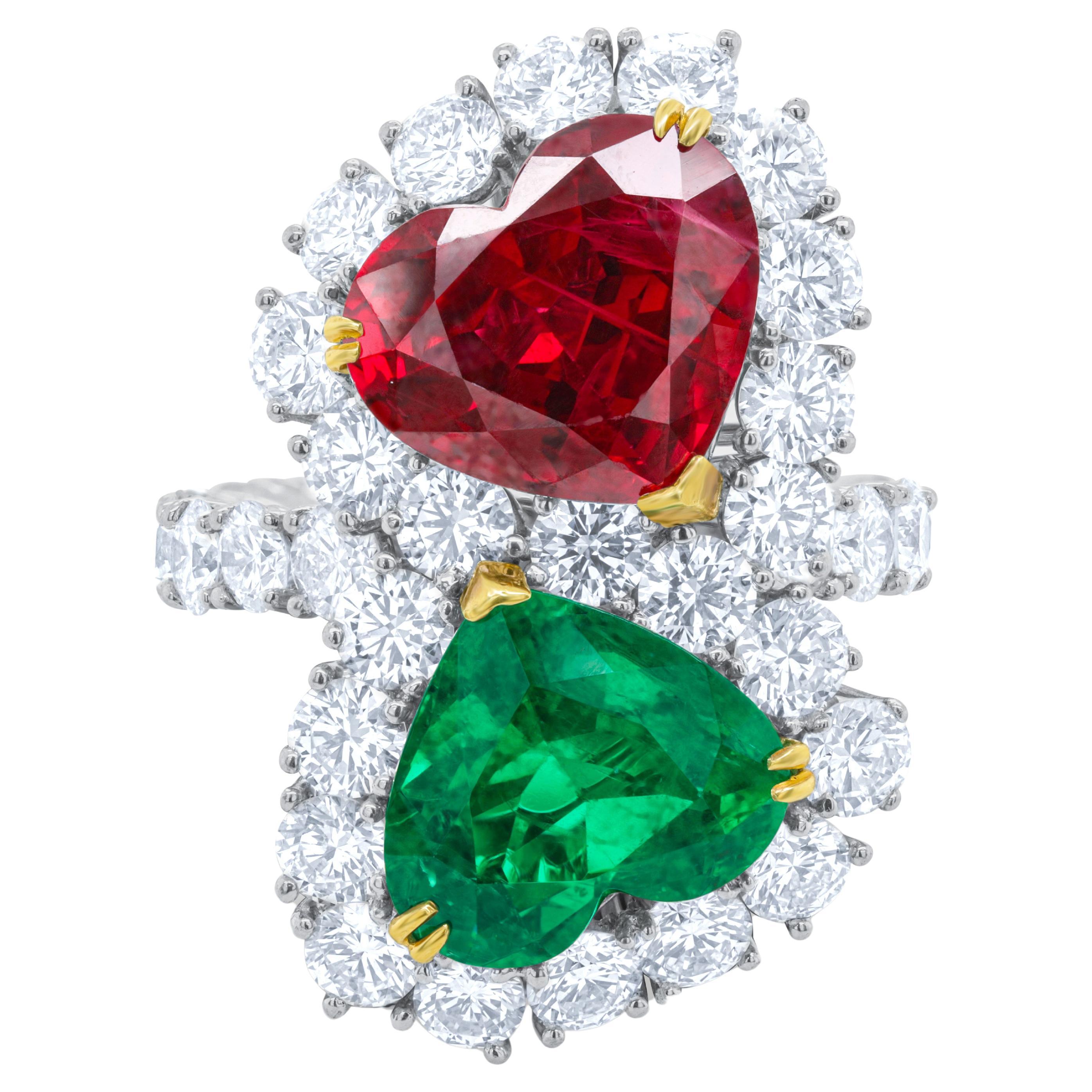 Diana M. Platinum diamond ring 11.05 cts tw of heartshaped ruby and emerald  For Sale