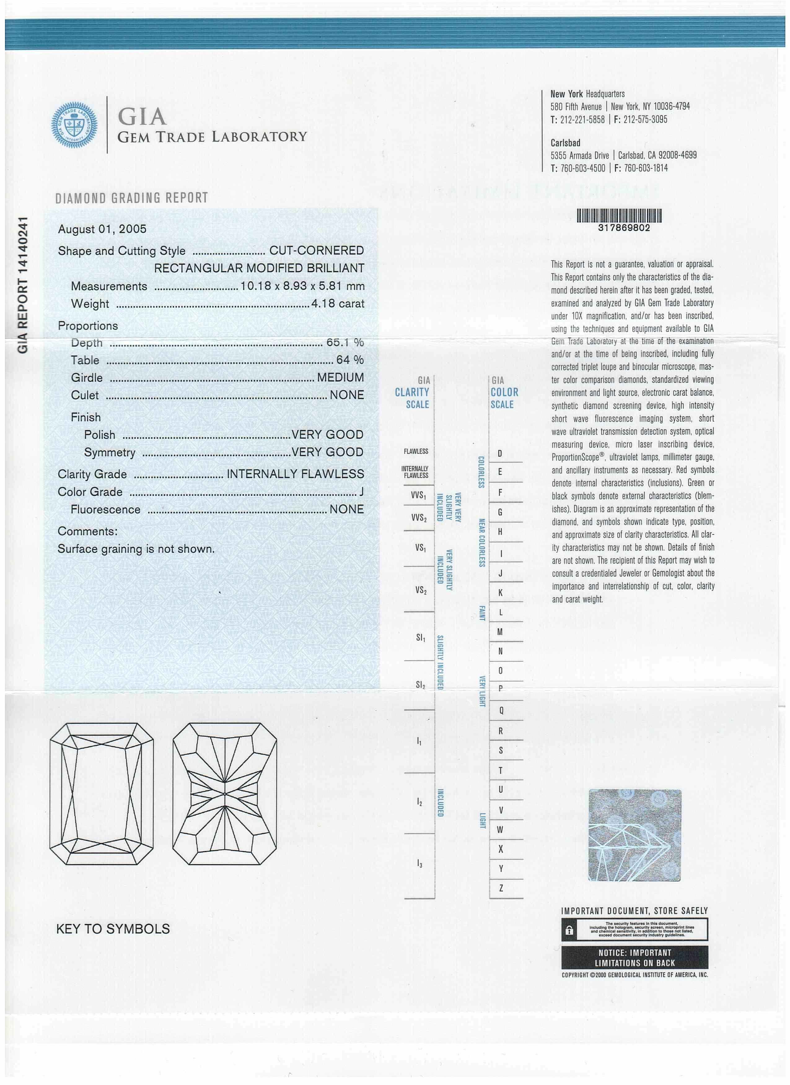DIANA M. Bague en platine avec un diamant central (J-IF) de 4,18 carats de taille radiant Neuf - En vente à New York, NY