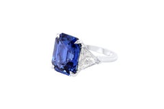 Diana M. Platinum emerald diamond cut ring featuring a 12.51 ct radiant cut