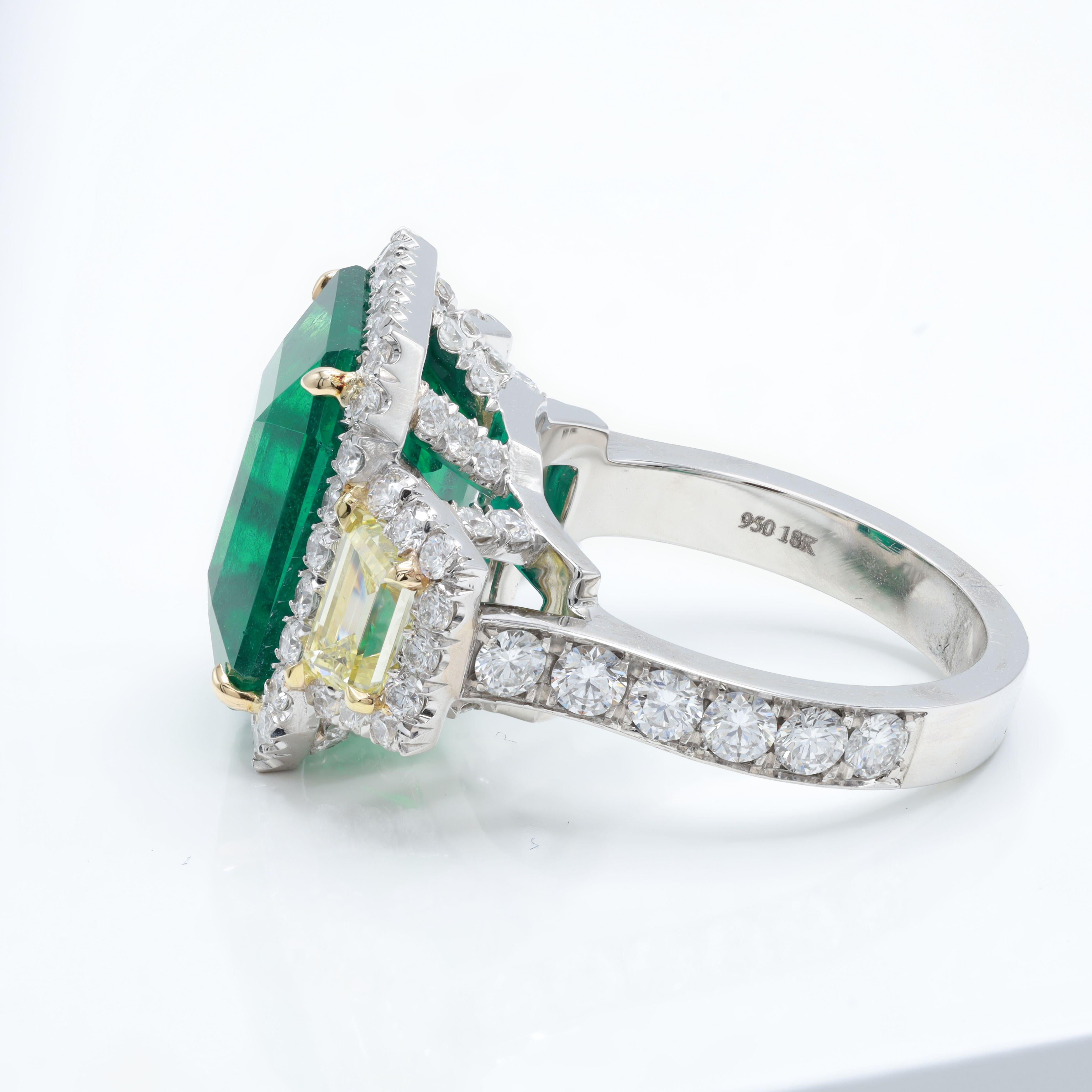 Modern Diana M. Platinum Emerald Diamond Ring 10.13ct Set With Fancy Yellow Diamonds  For Sale