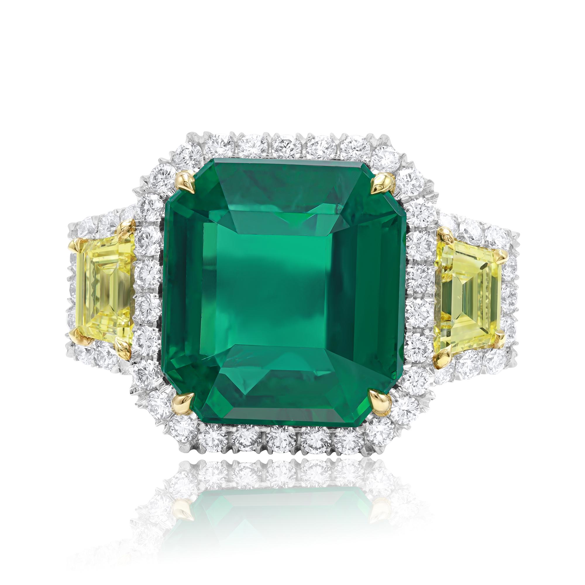 Emerald Cut Diana M. Platinum Emerald Diamond Ring 10.13ct Set With Fancy Yellow Diamonds For Sale