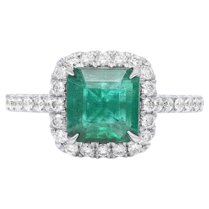 Diana M. Platinum emerald diamond ring featuring a 2.00 ct cushion cut emerald  For Sale