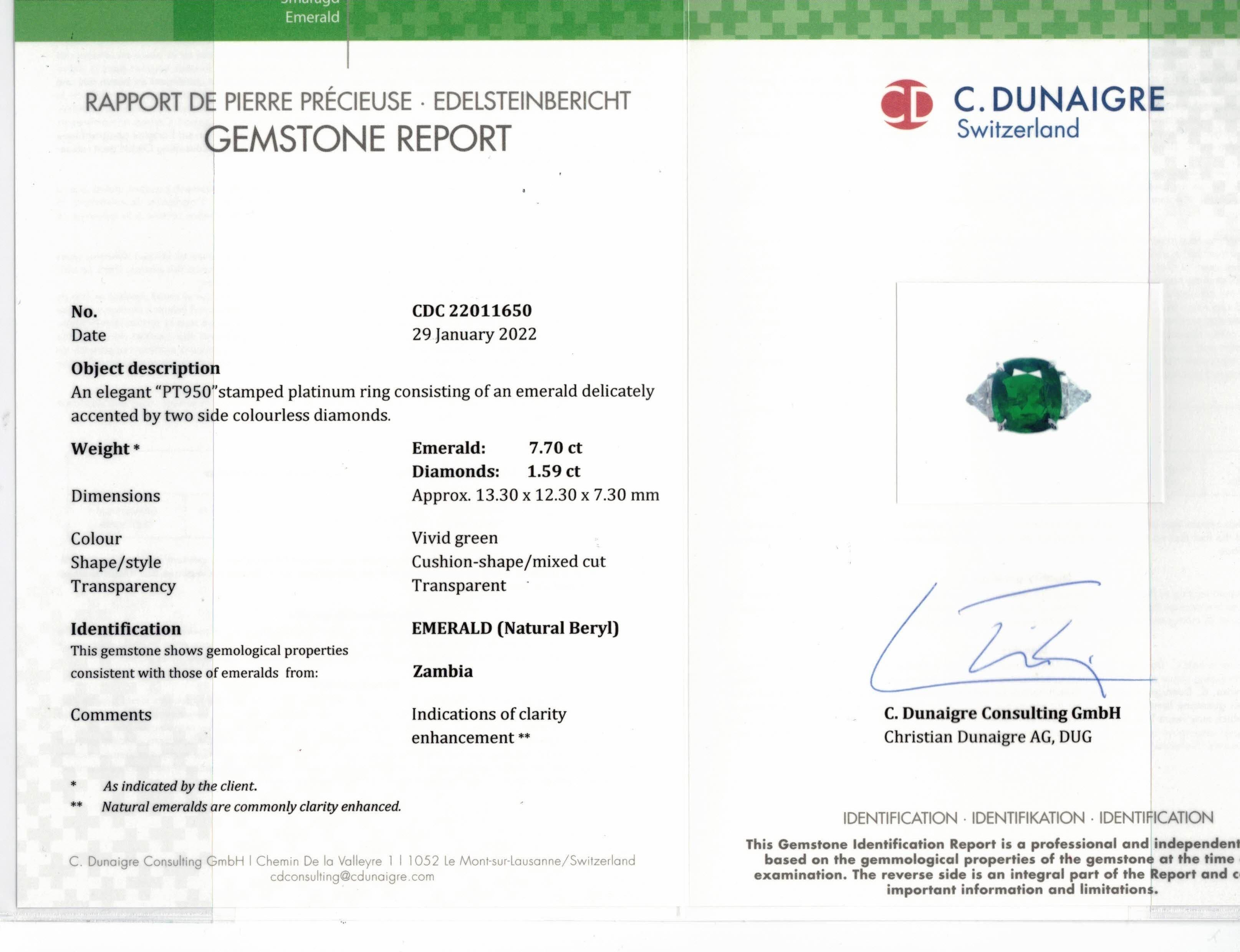 Women's or Men's Diana M. Platinum emerald diamond ring featuring a 7.70 ct cushion cut For Sale