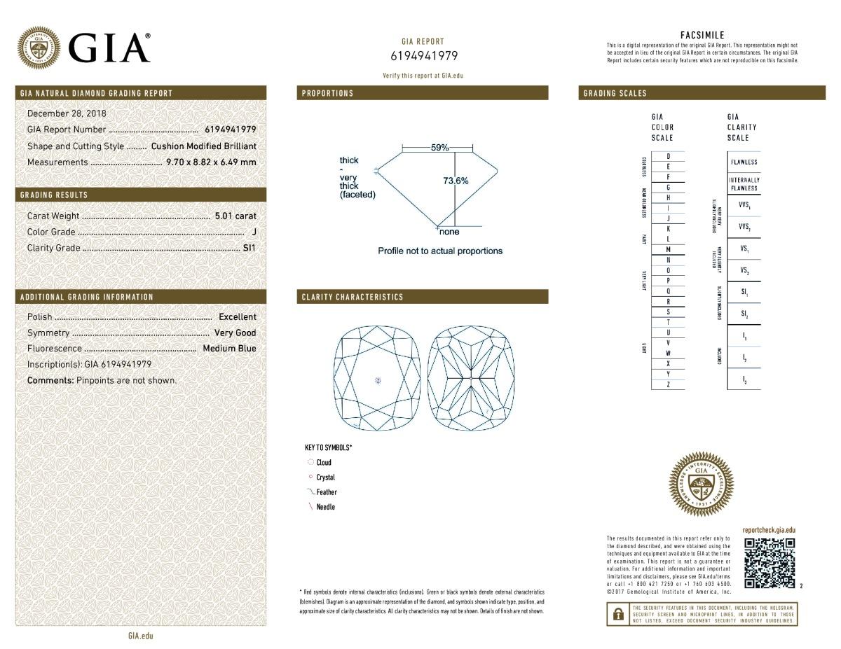 Diana M. Platinum Engagement Ring Featuring A Center (J-SI1) 5.01 ct Cushion Cut For Sale 1