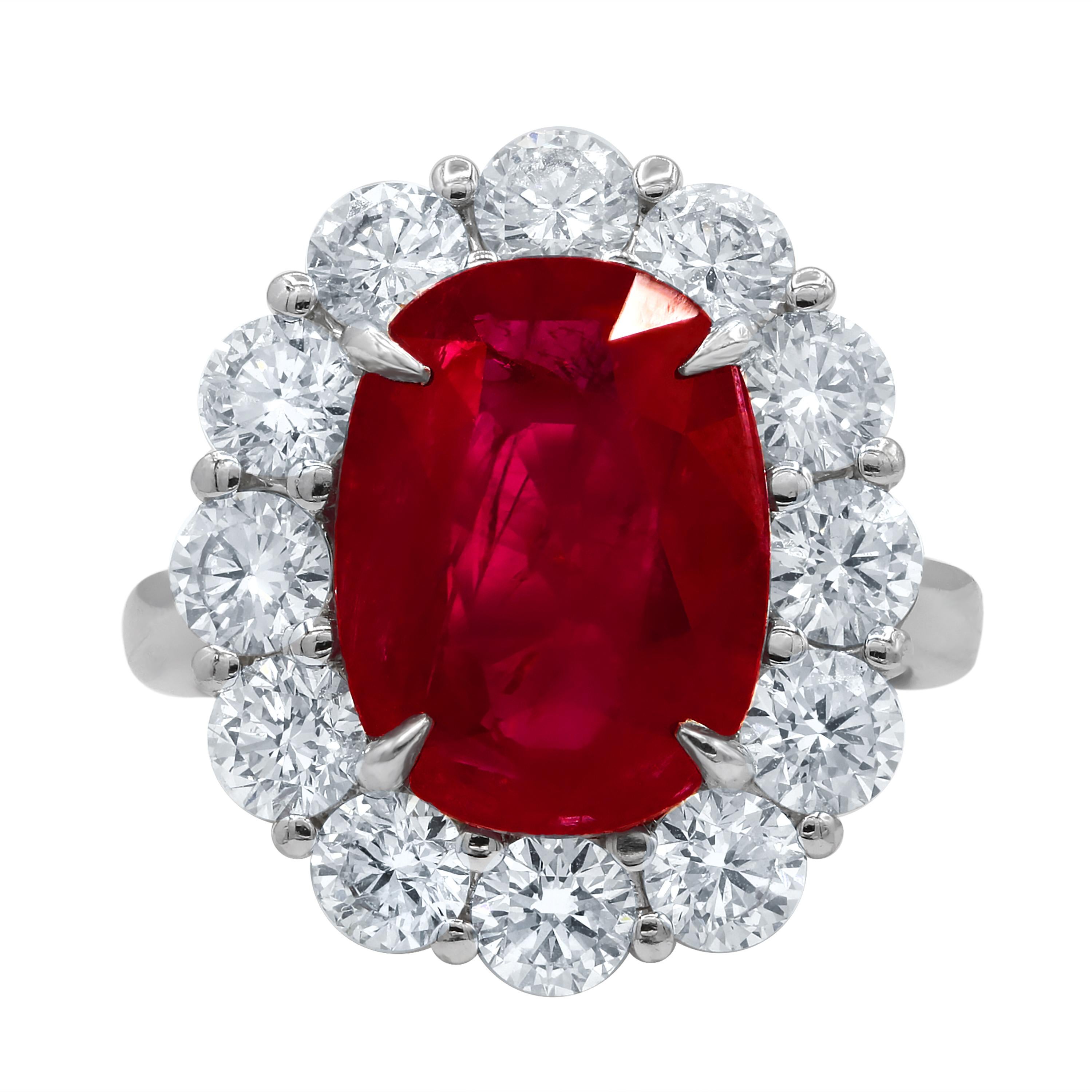 Modern Diana M. Platinum ruby and diamond ring featuring a 6.06 ct C.Dunaigre certified For Sale