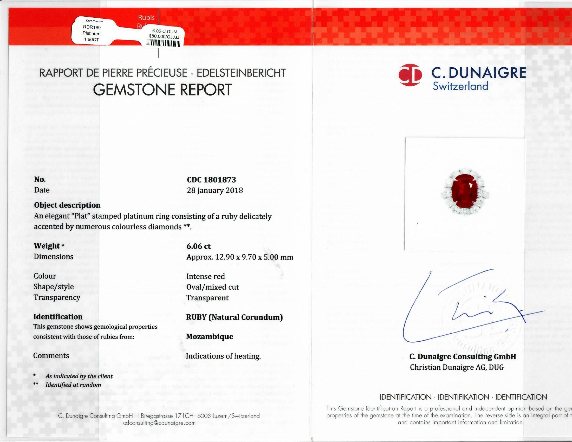 Cushion Cut Diana M. Platinum ruby and diamond ring featuring a 6.06 ct C.Dunaigre certified For Sale
