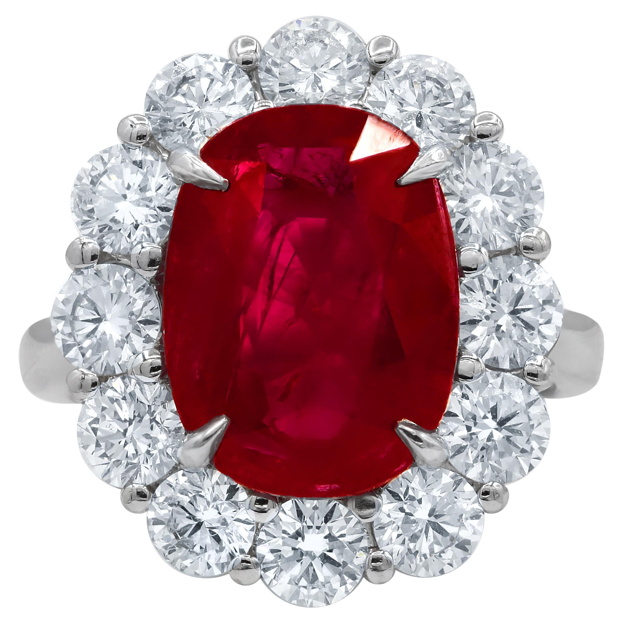 Diana M. Platinum ruby and diamond ring featuring a 6.06 ct C.Dunaigre certified For Sale