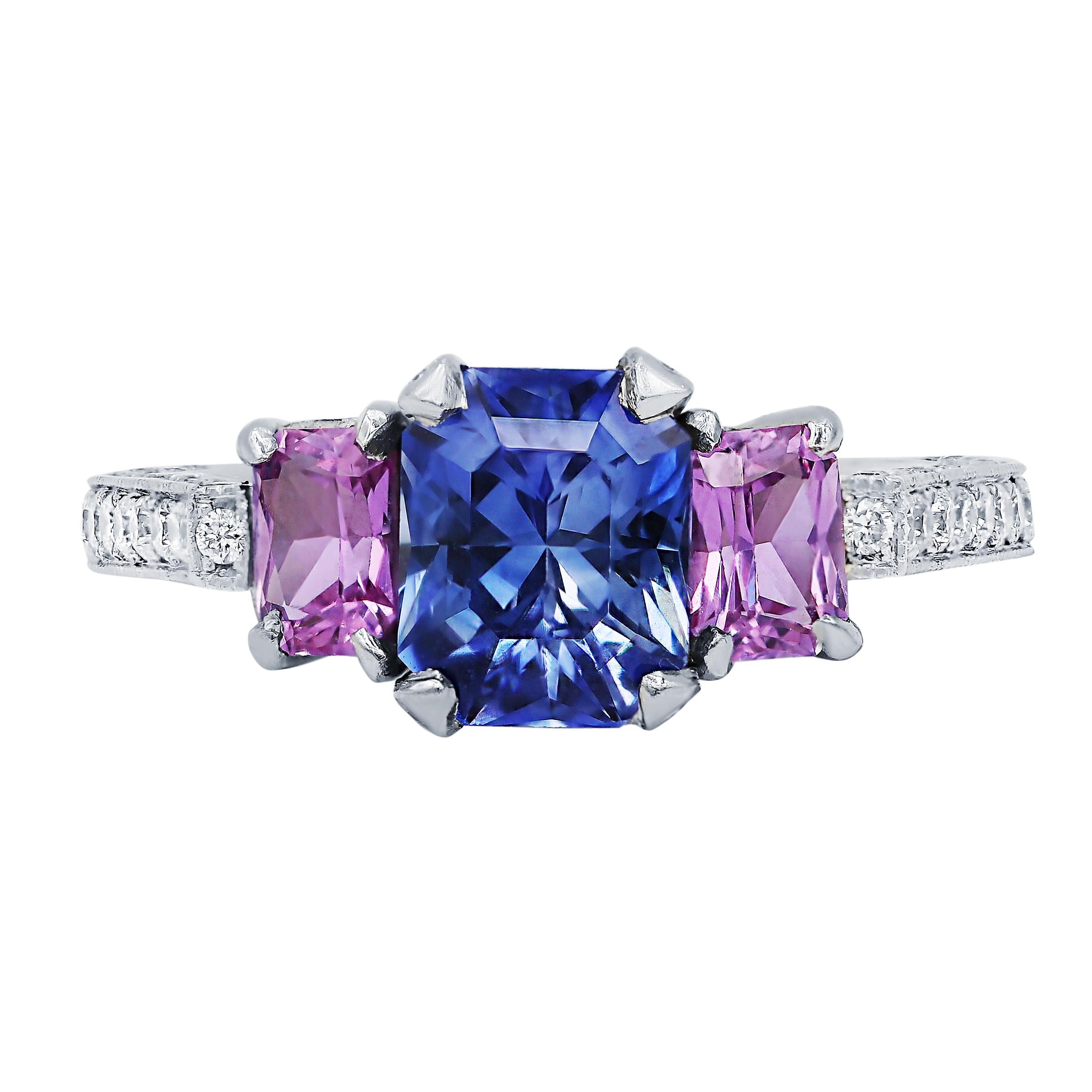 Platinum sapphire and diamond ring featuring a center 1.84 ct cushion cut blue sapphire with 2 pink oval sapphires on the side totaling 0.72 cts  with 1.00 cts tw of diamonds.
Diana M. is a leading supplier of top-quality fine jewelry for over 35